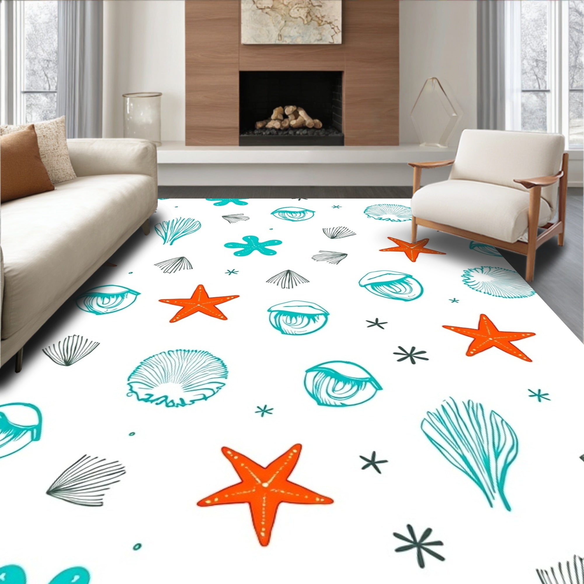 Coral Orange Starfish Aqua Shells Rug