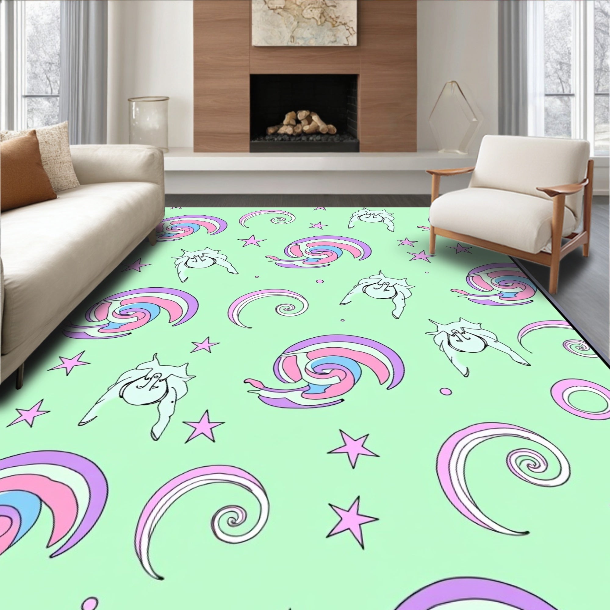 Pastel Rainbow Snail Stars Swirl Rug