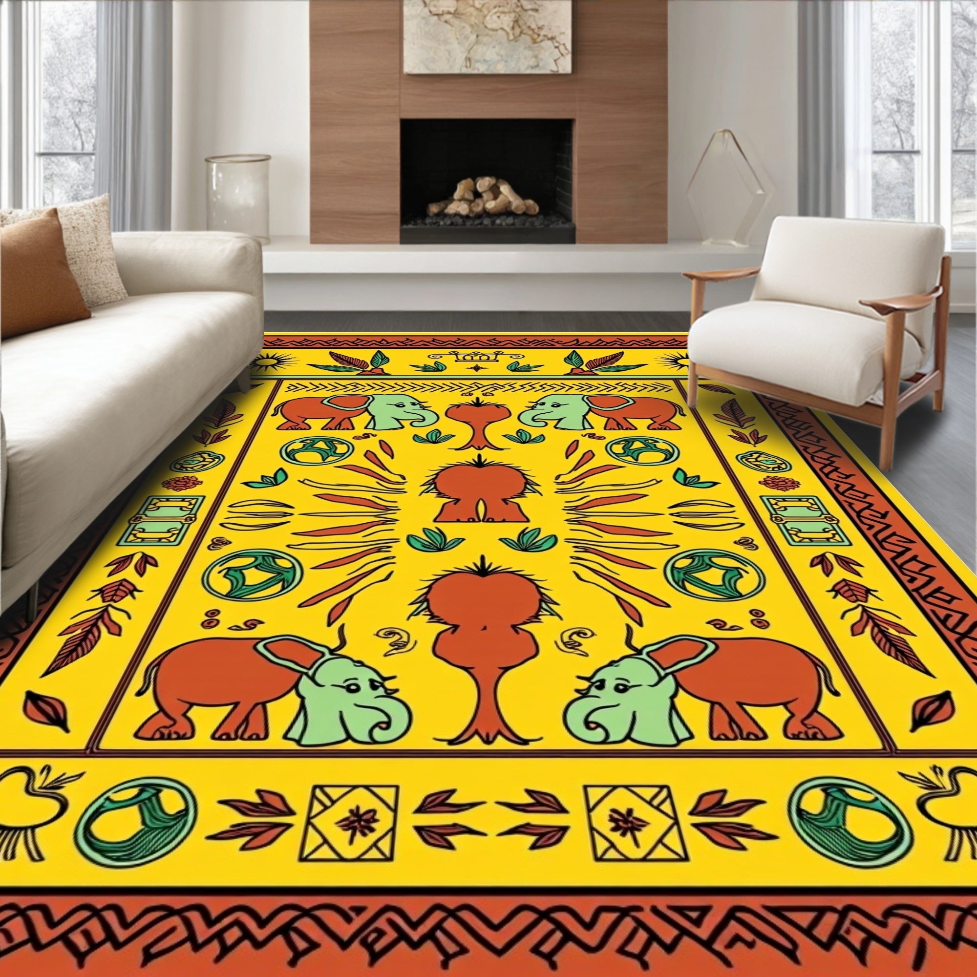 Yellow Elephant Folk Art Majestic Rug