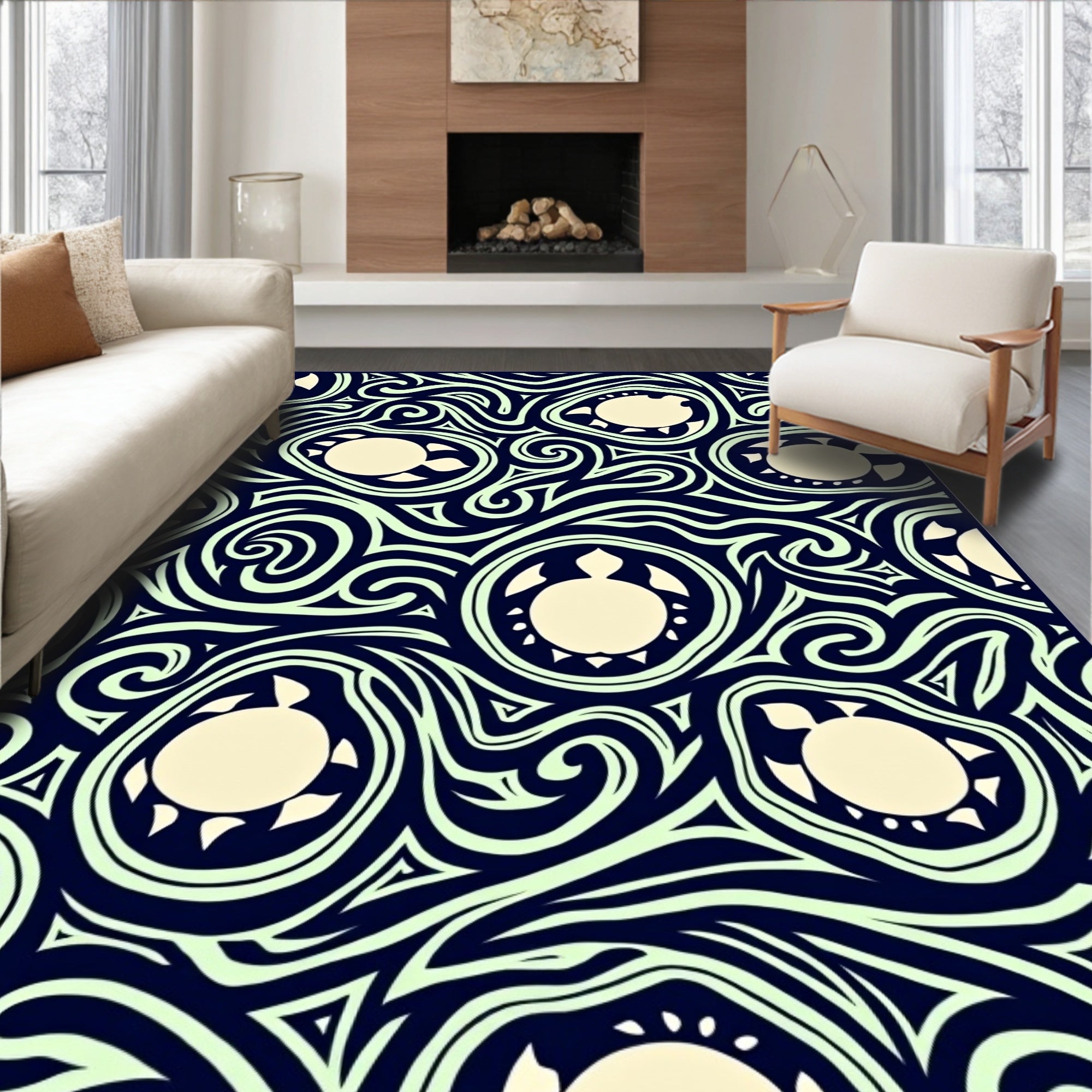 Tribal Turtle Blue Swirl Rug