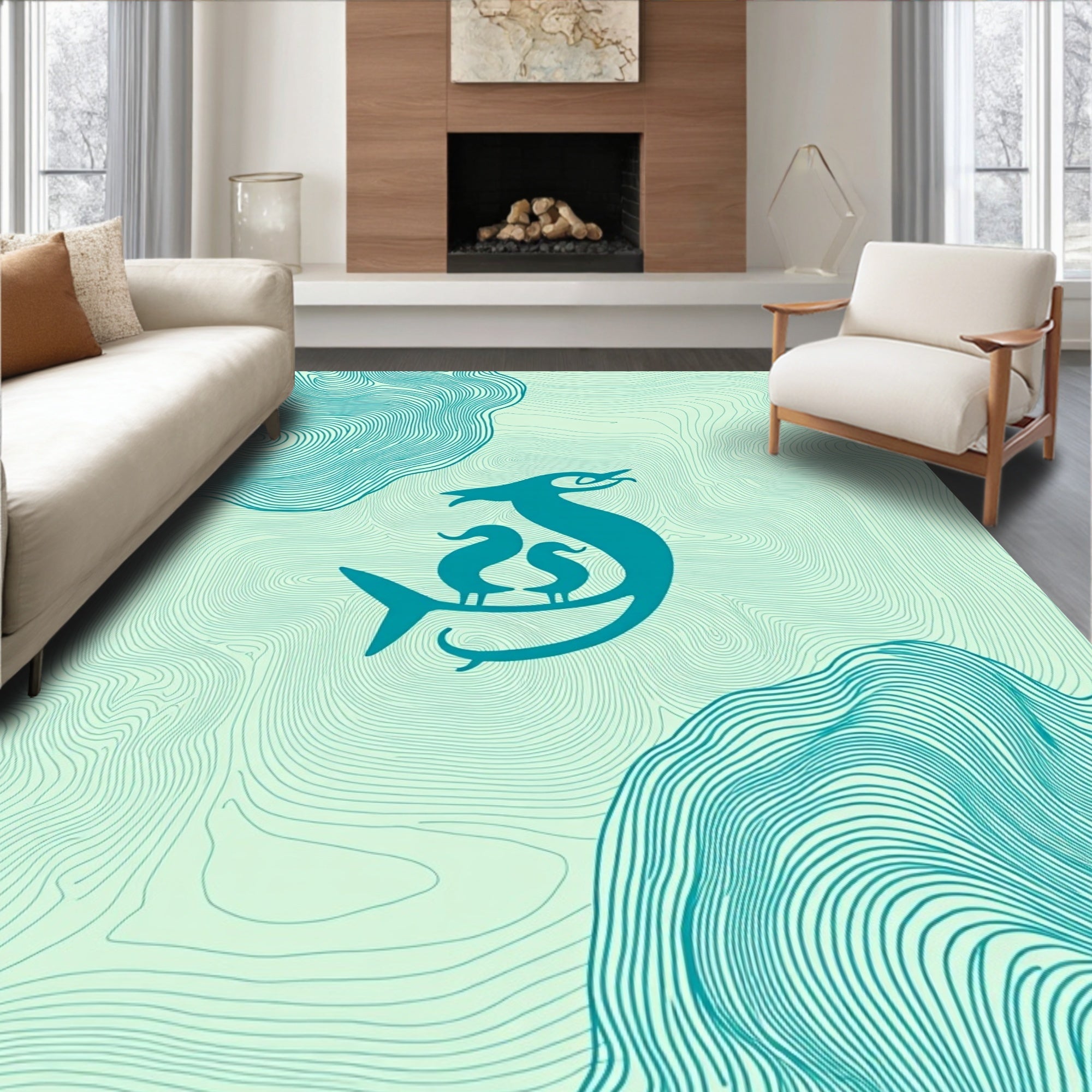 Teal Serpentine Bird Family Topography Rug