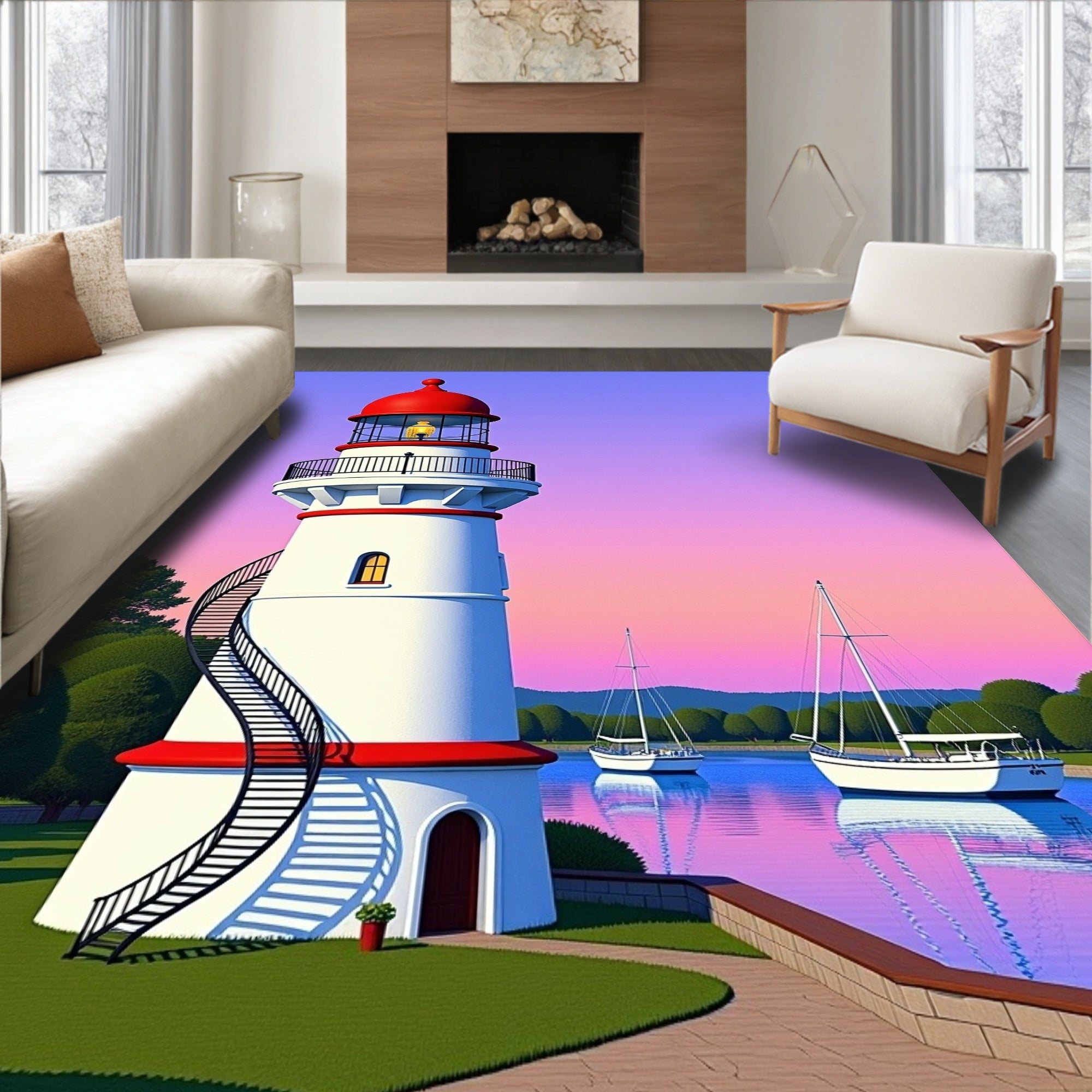Coastal Lighthouse With Sailboats Sunset Rug