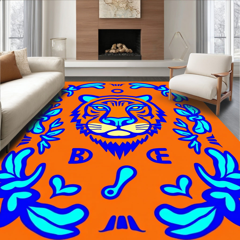 Tribal Orange Blue Tiger Face Rug