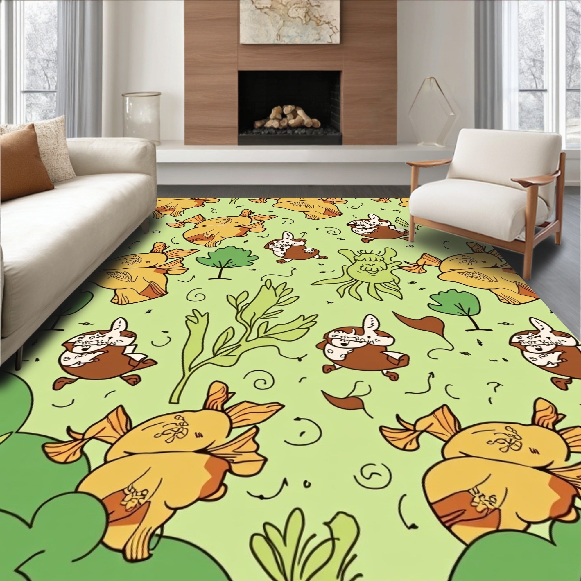 Playful Brown Bunny Goldfish Meadow Rug