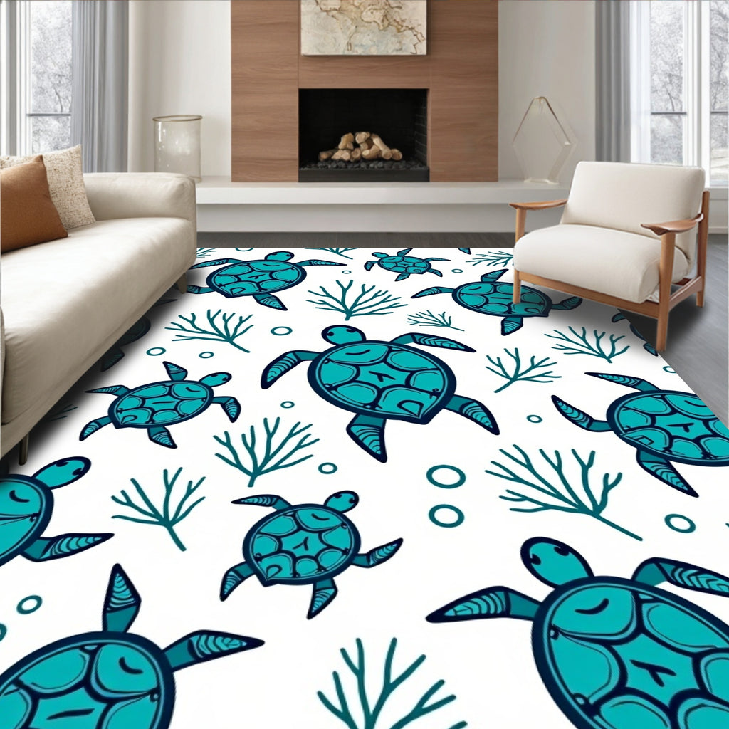 Vibrant Teal Sea Turtle Coral Collage Rug