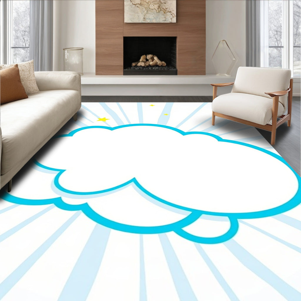 Whimsical Blue Cloud Starry Rays Rug