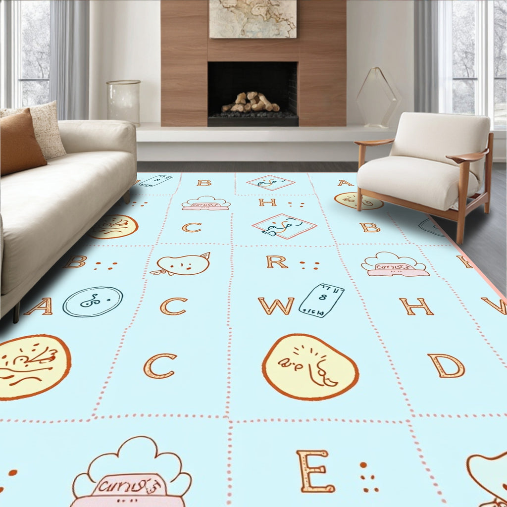 Whimsical Alphabet Collage Light Blue Rug