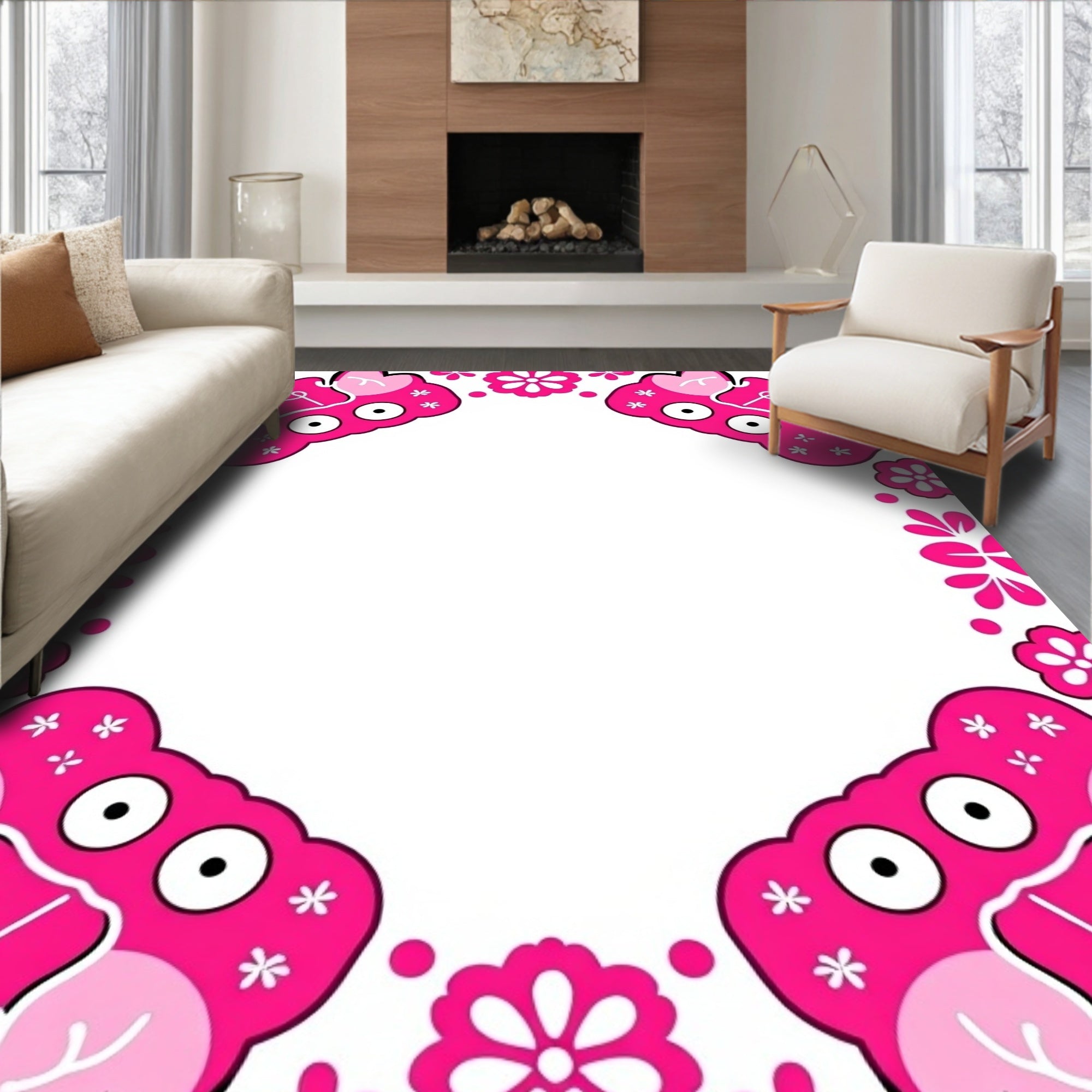 Pink Cartoon Crab Floral Border Rug
