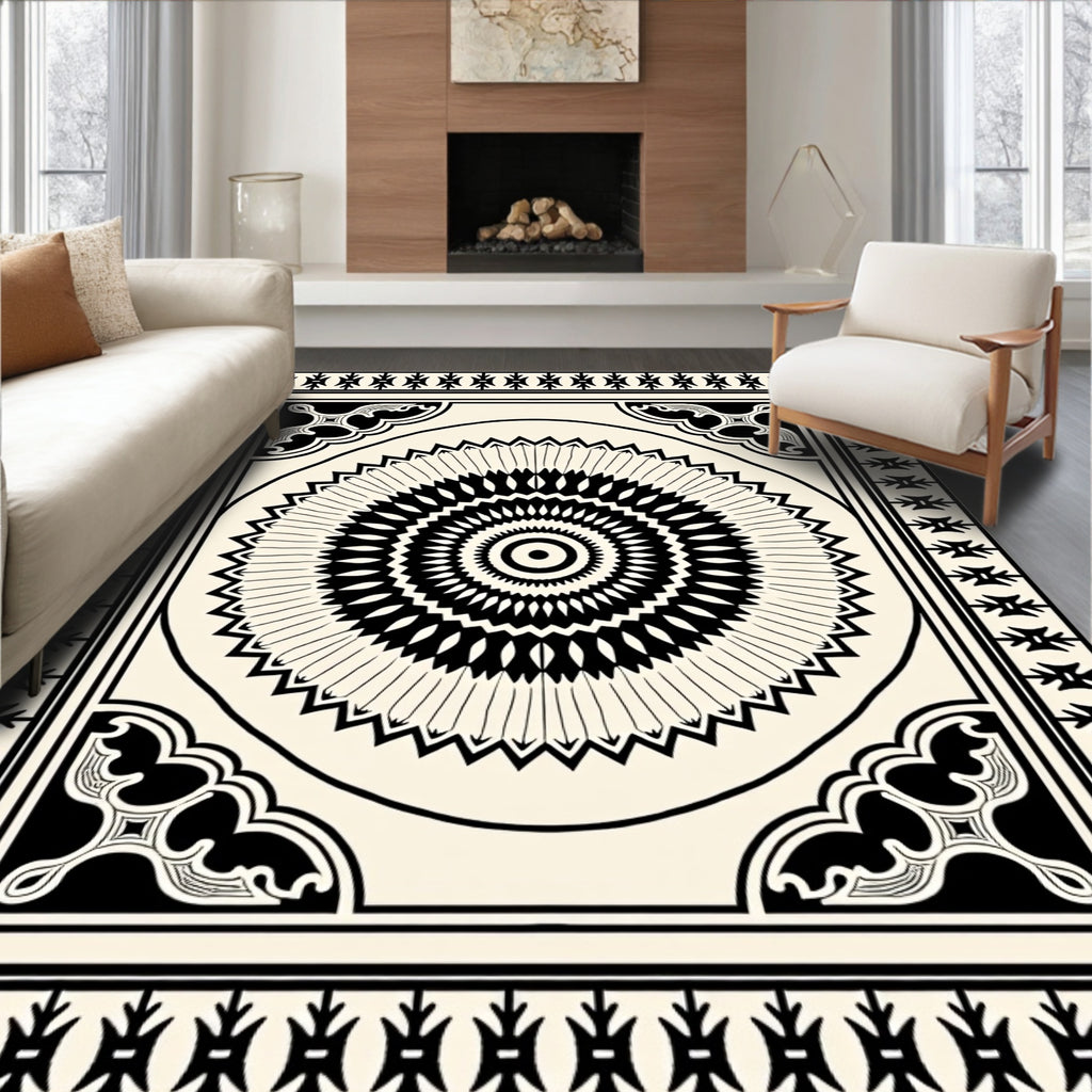 Bold Black and Ivory Medallion Border Rug