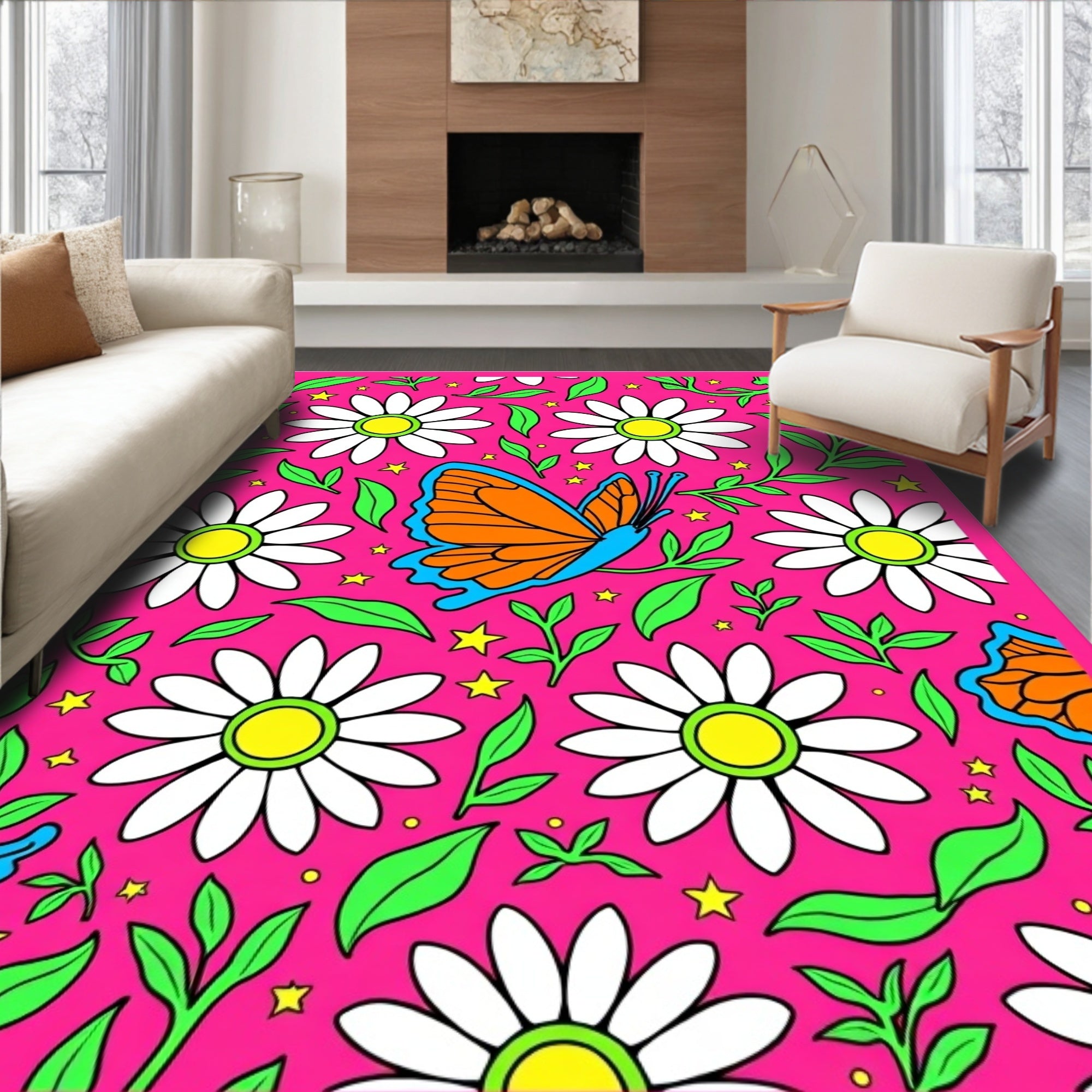 Vibrant Butterfly Daisy Garden Rug