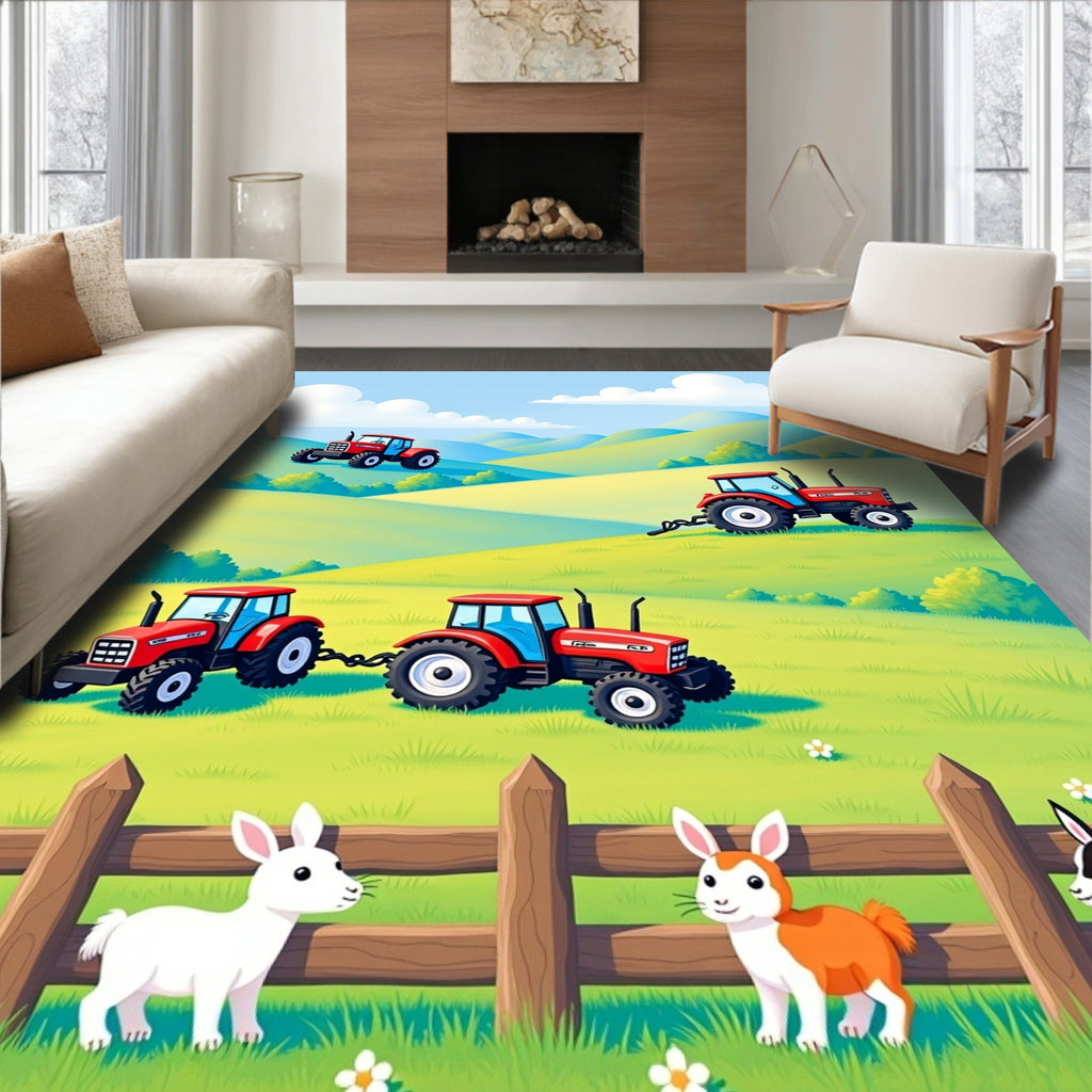Red Tractors Working Green Farm Hills Rug