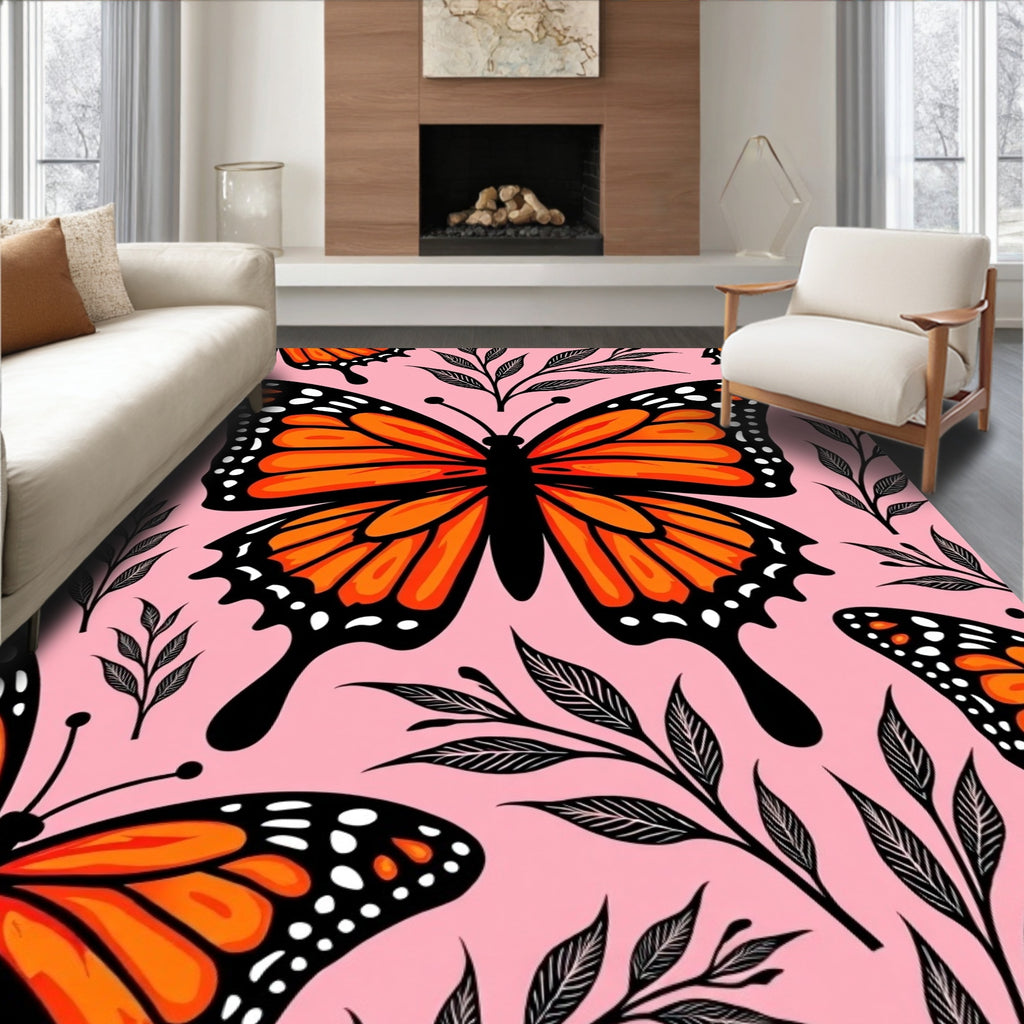 Vibrant Orange Butterfly Floral Background Rug