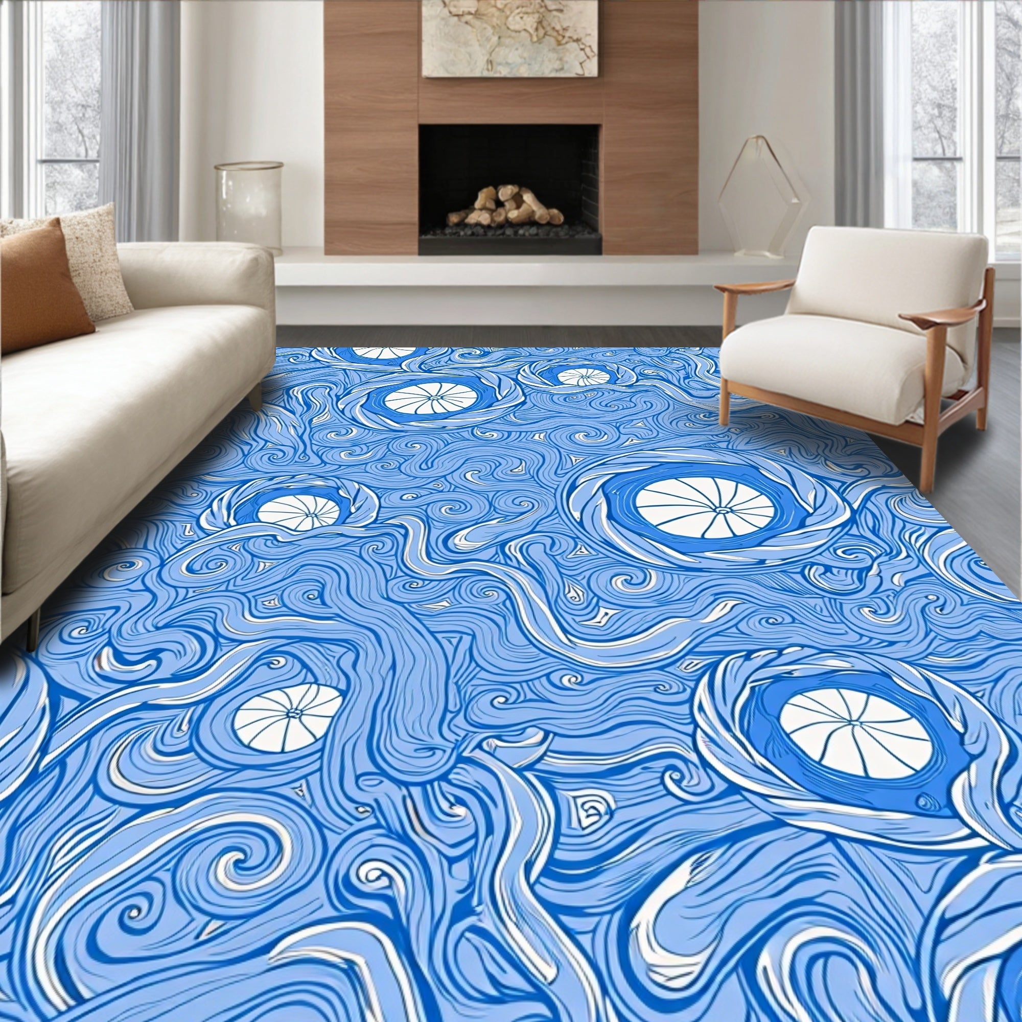 Whimsical Blue Swirl Spiral Circular Rug