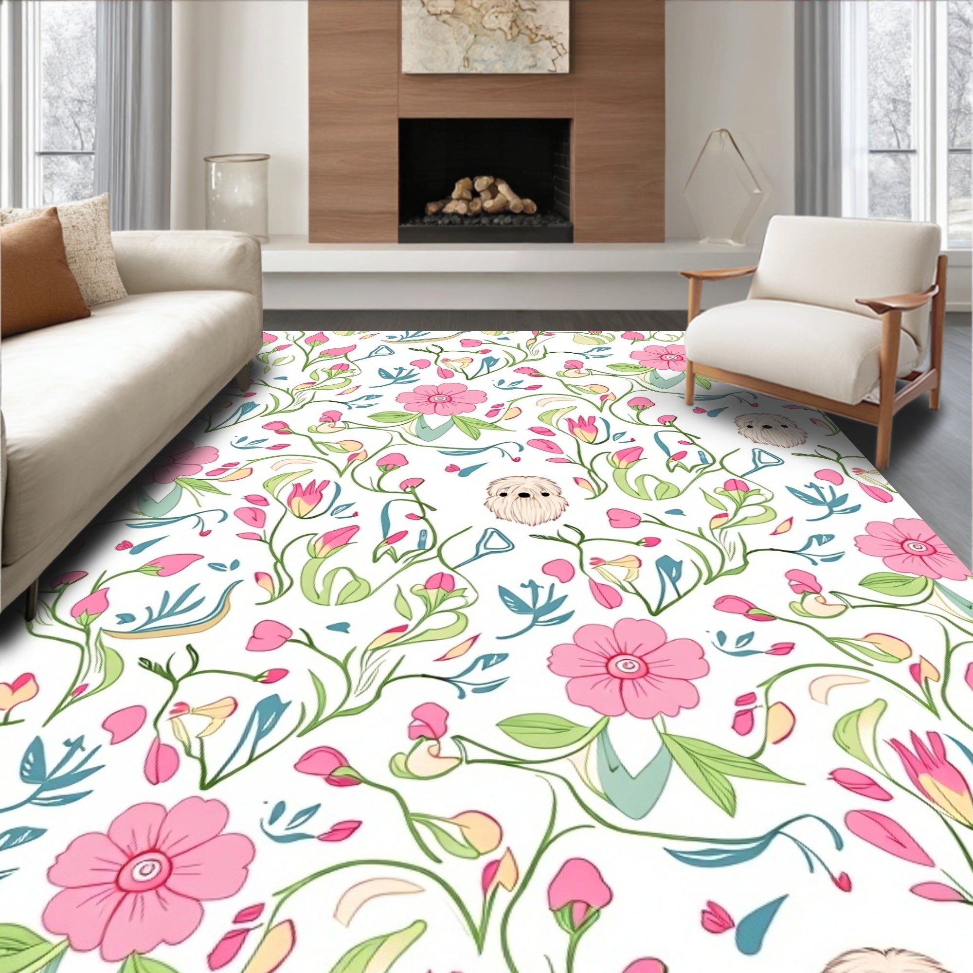 Pink Floral Puppy Meadow Whimsy Rug