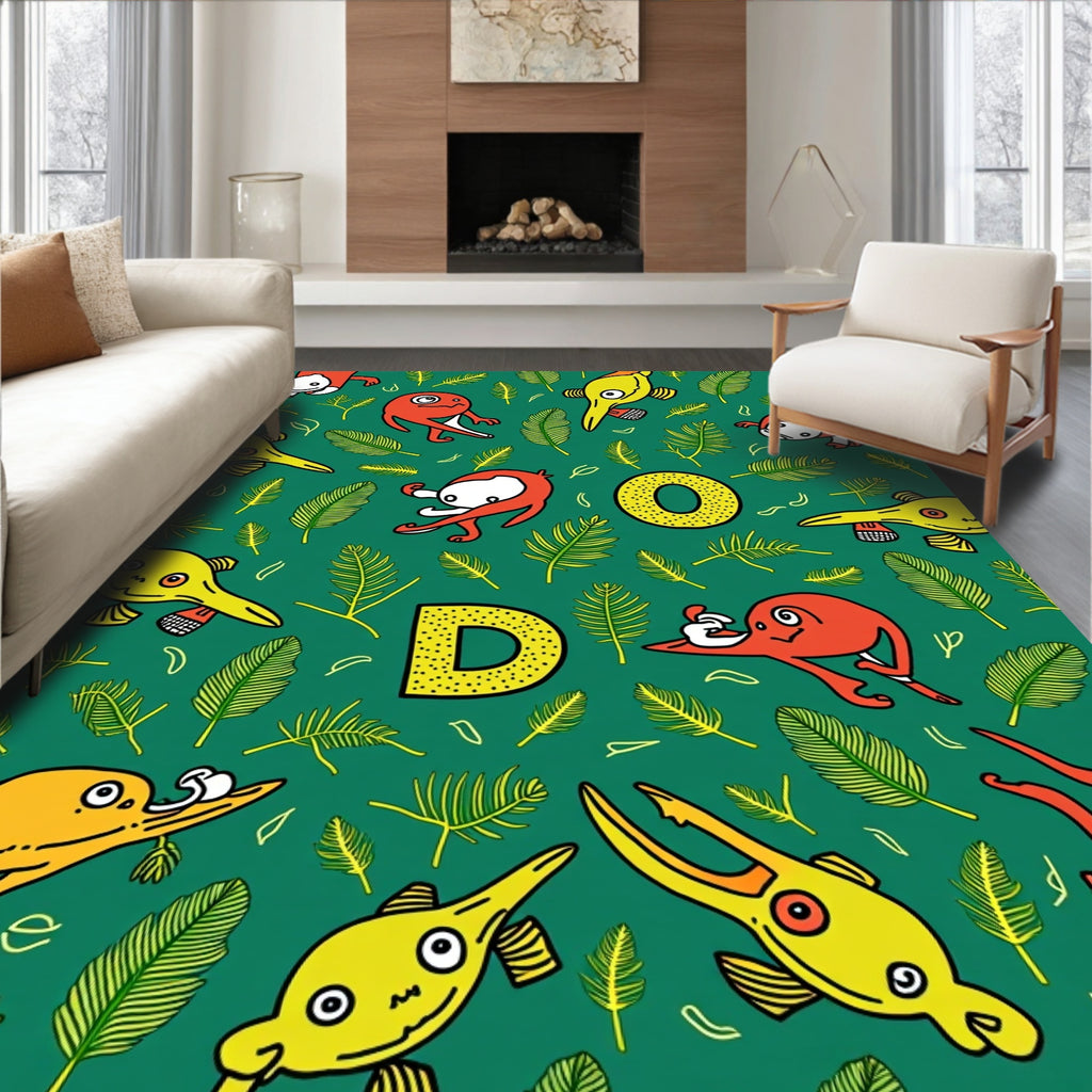 Green Yellow Red Doodle Creatures Ferns Rug