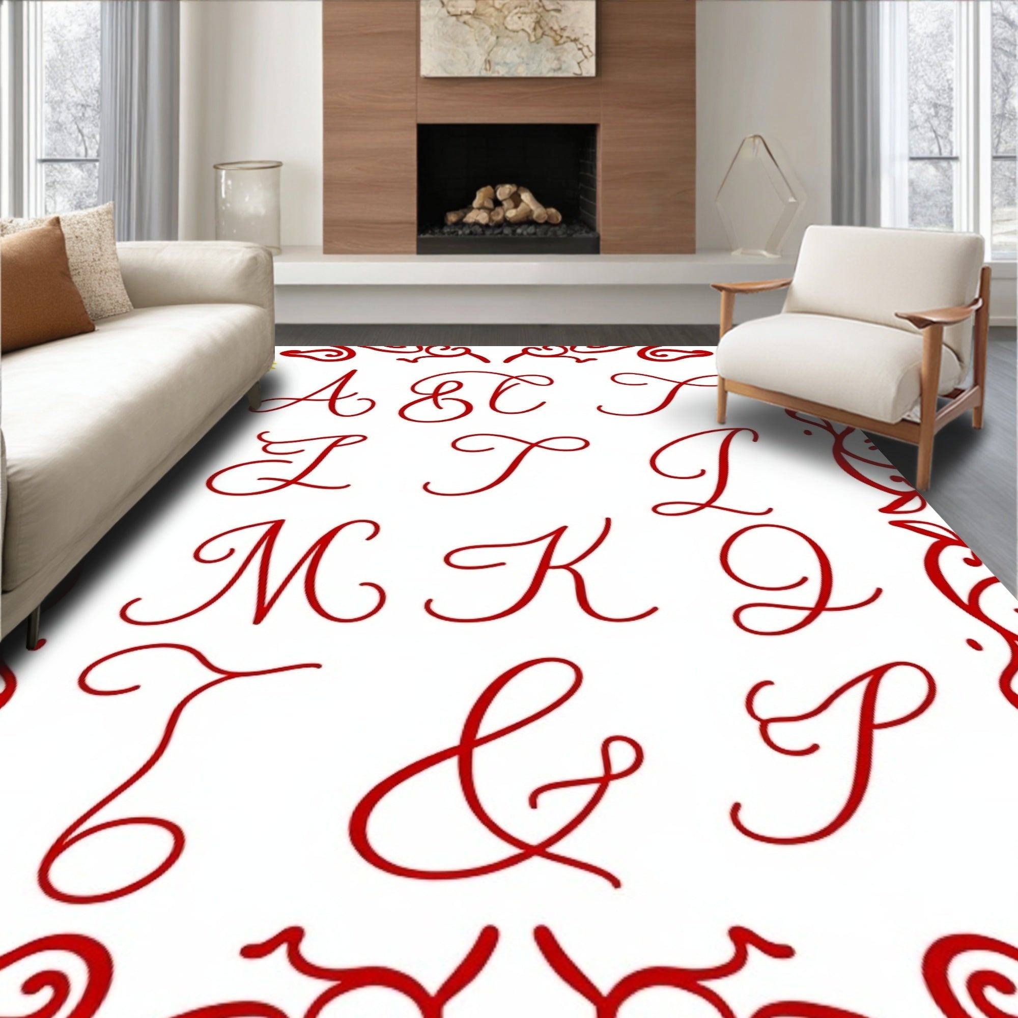 Red Calligraphic Alphabet Border Accent Rug