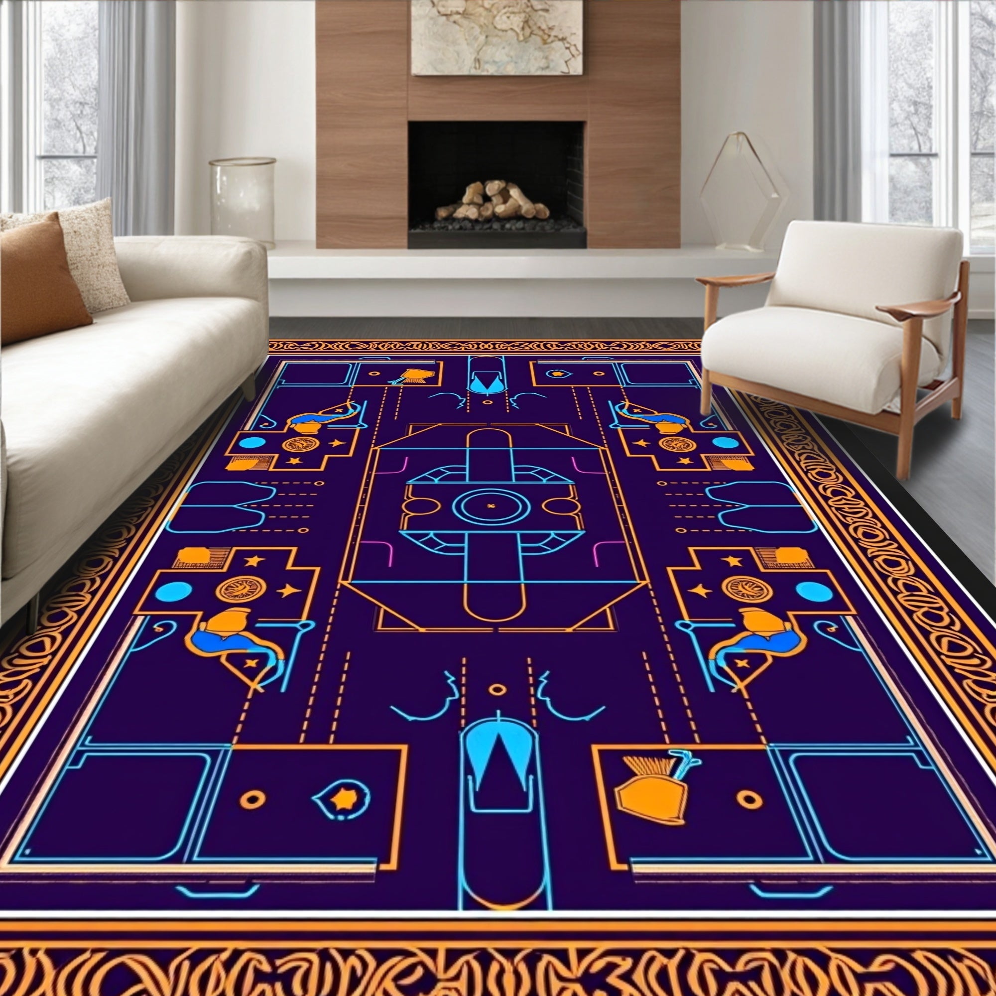 Indigo Blue Orange Geometric Architectural Rug