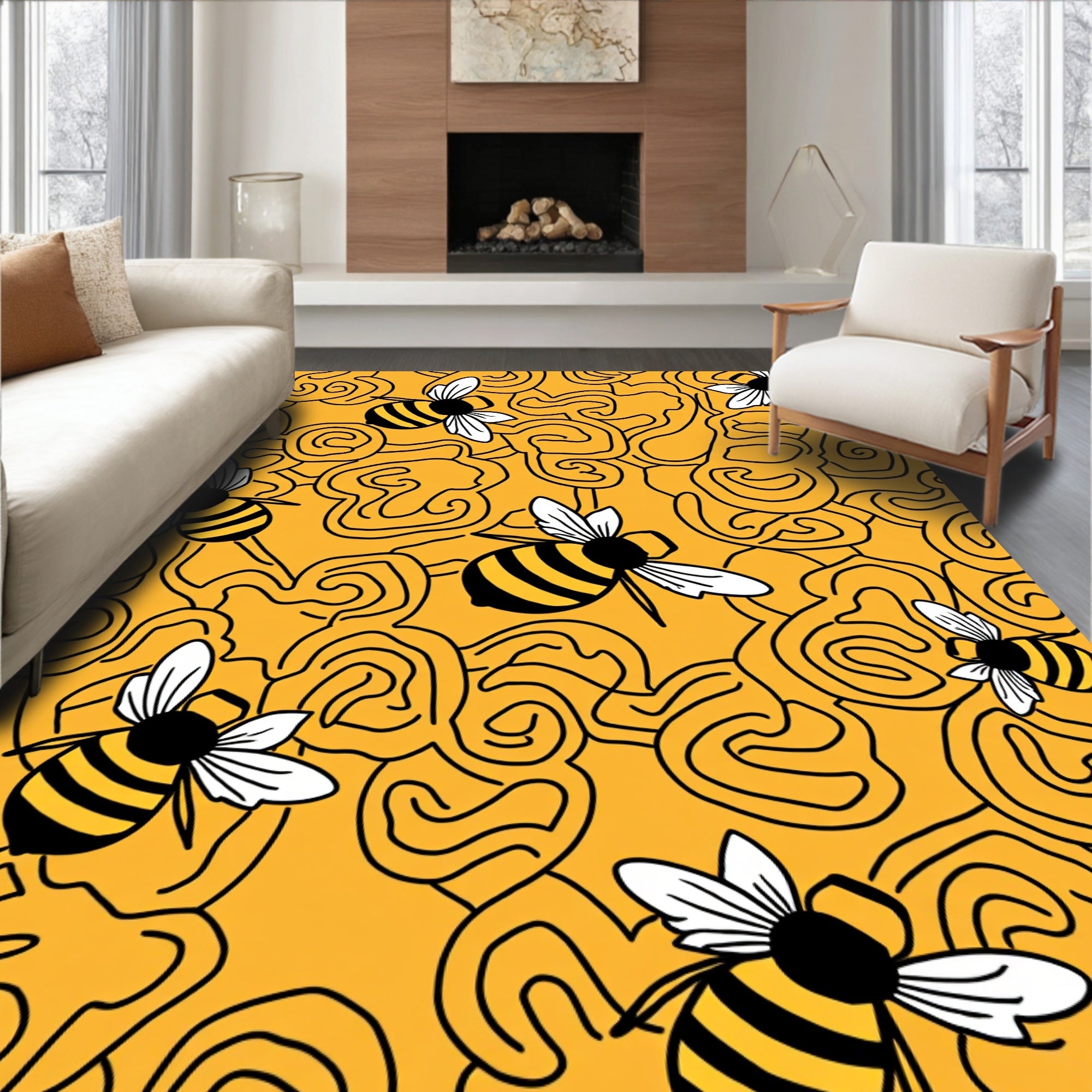 Whimsical Yellow Swirl Honeybee Rug