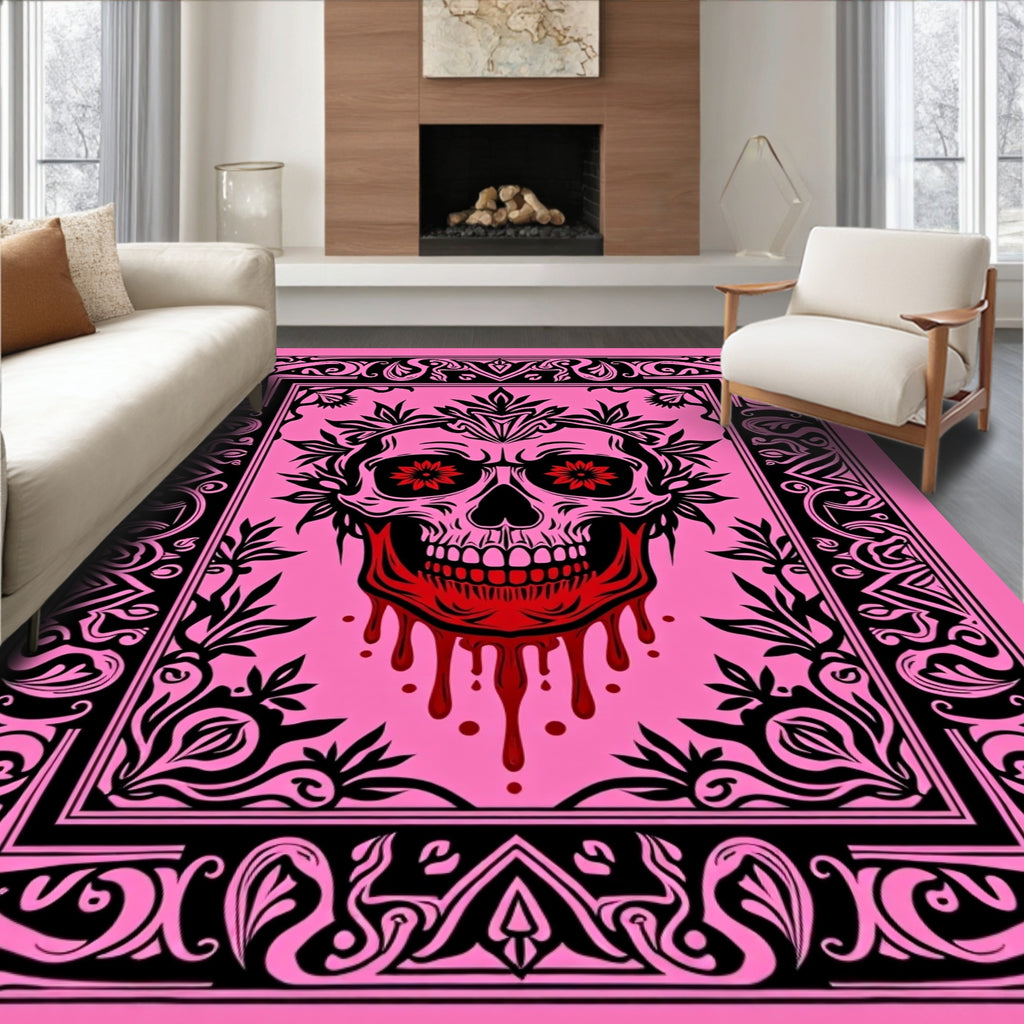 Pink Skull With Red Dripping Blood Border Rug