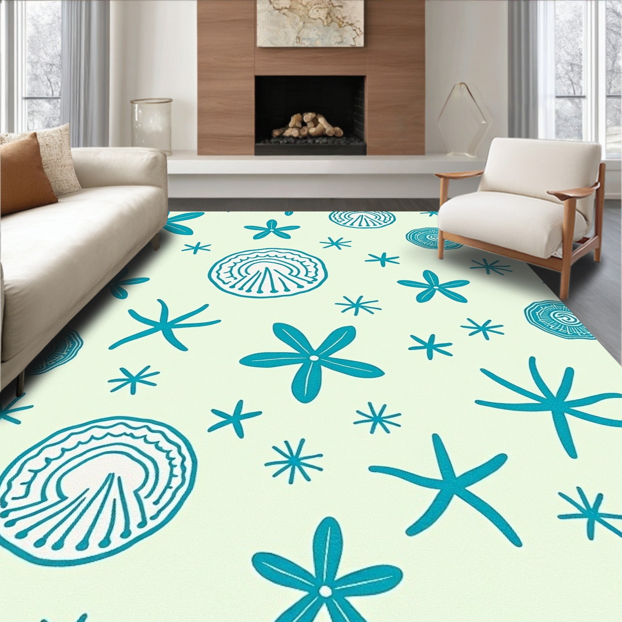 Teal Starfish and Shells Field Rug