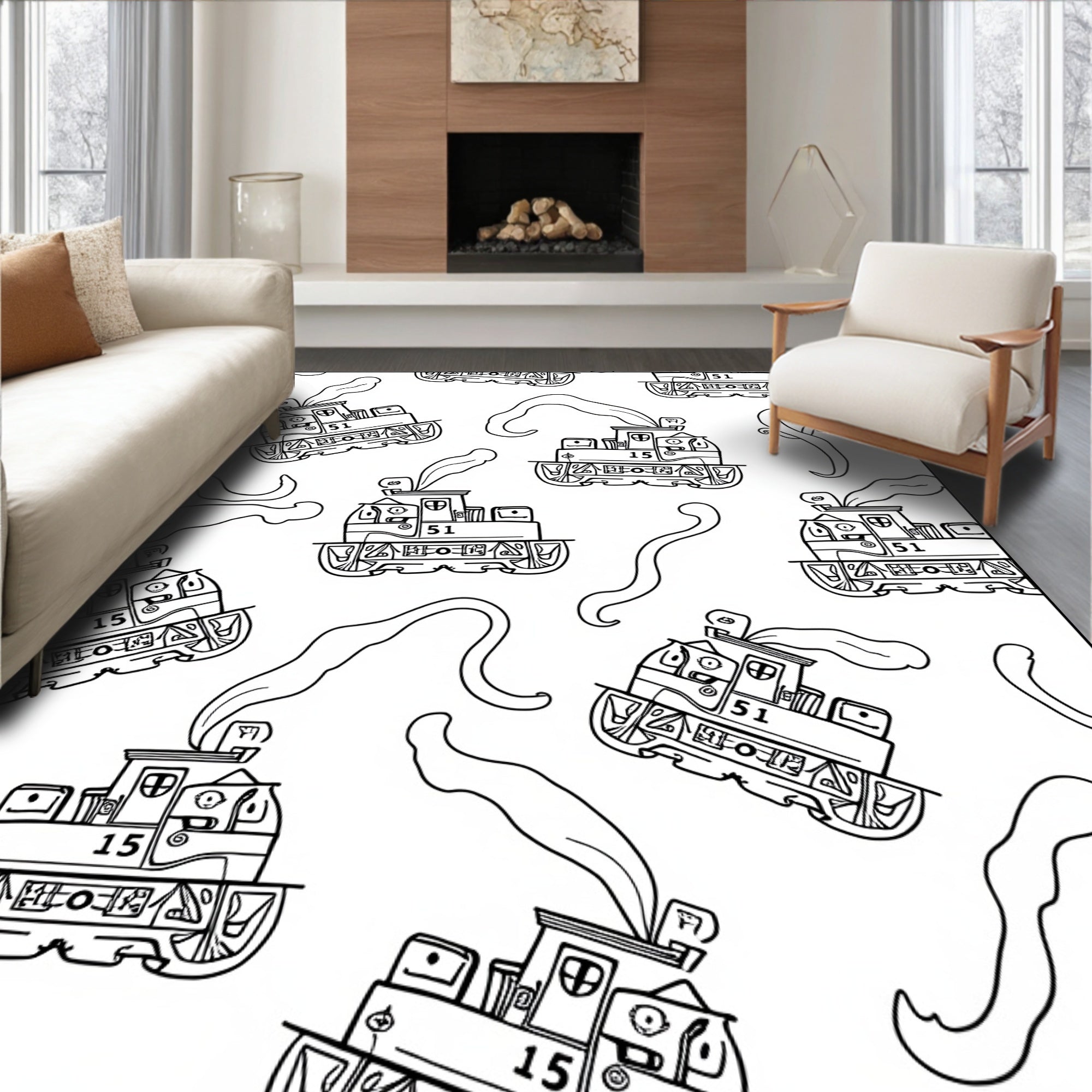 Whimsical Train Smoke White Overlay Rug