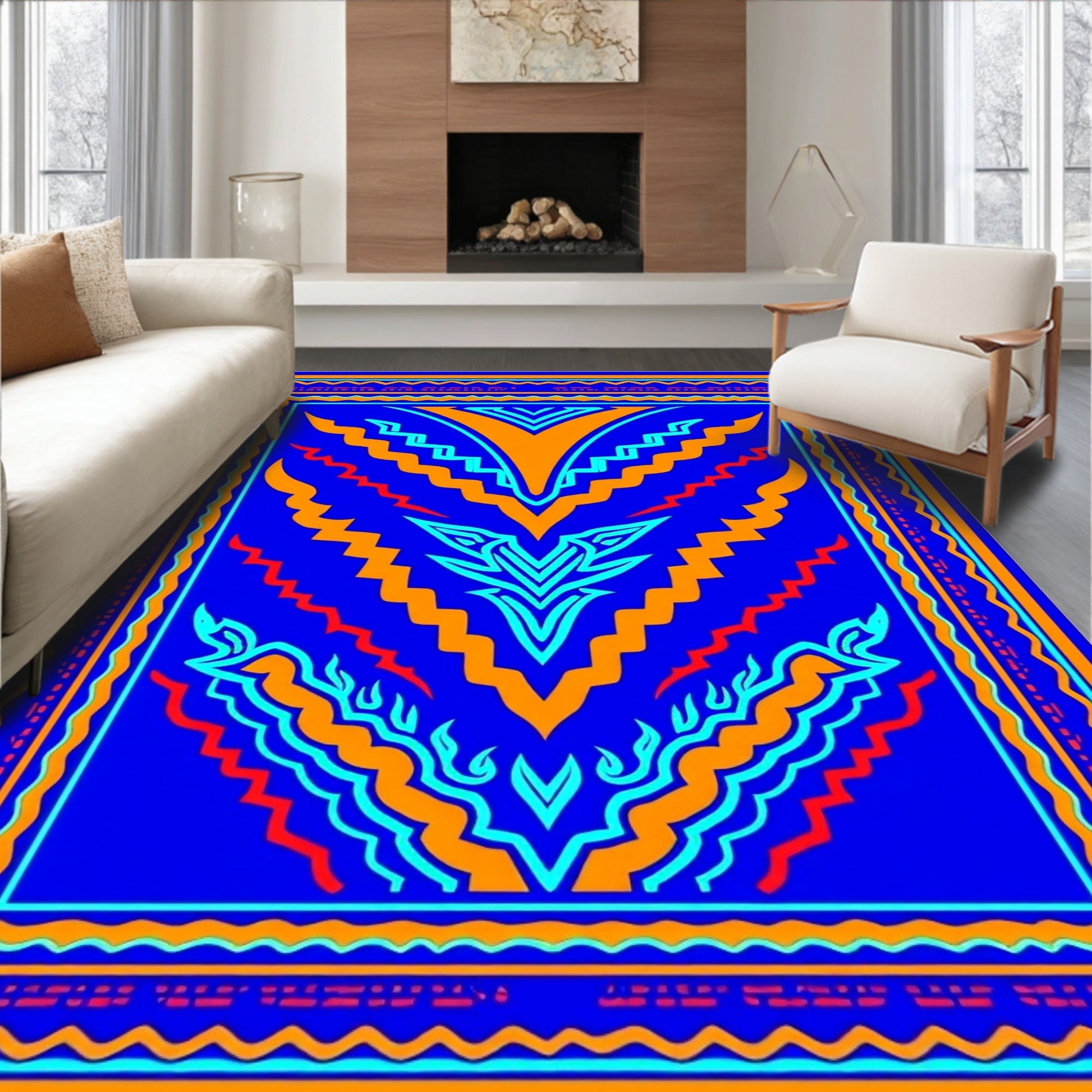 Vibrant Blue Geometric Flame Rug