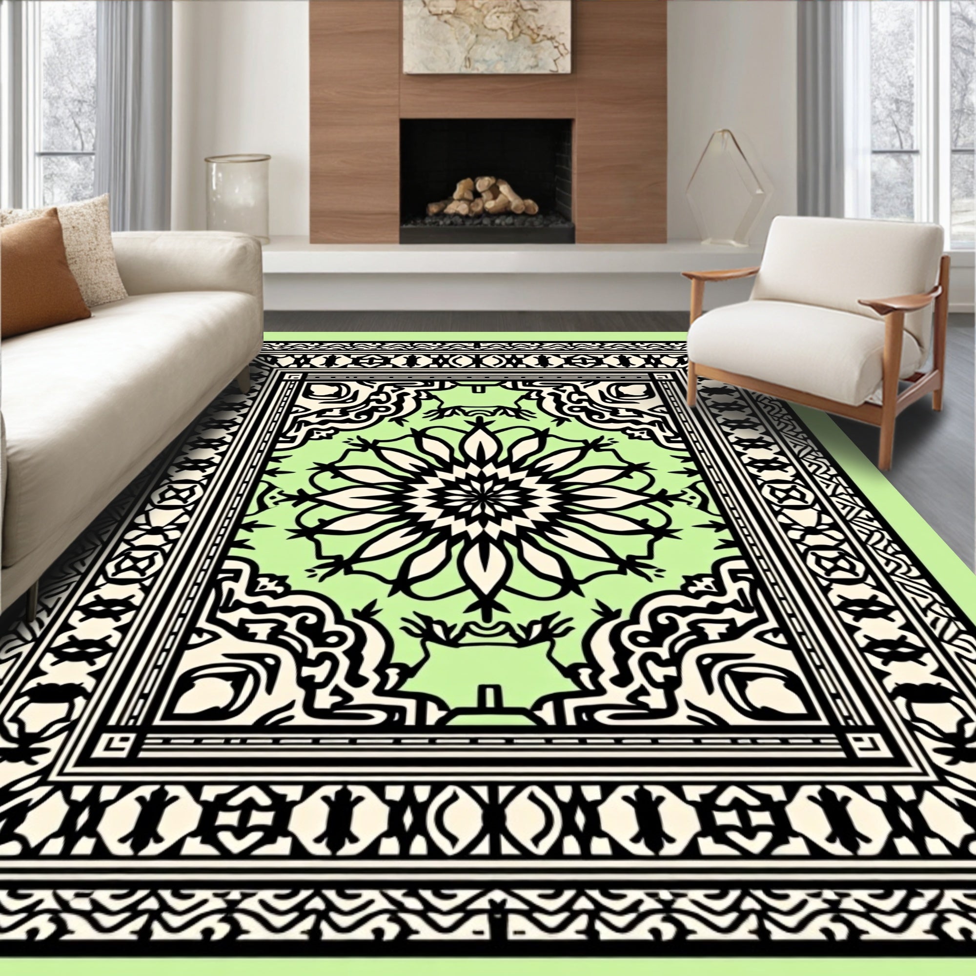 Light Green Black Medallion Floral Border Rug