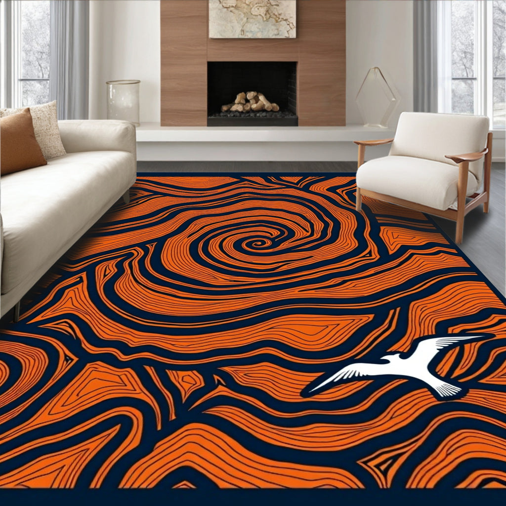 Orange Swirls With White Bird Rug