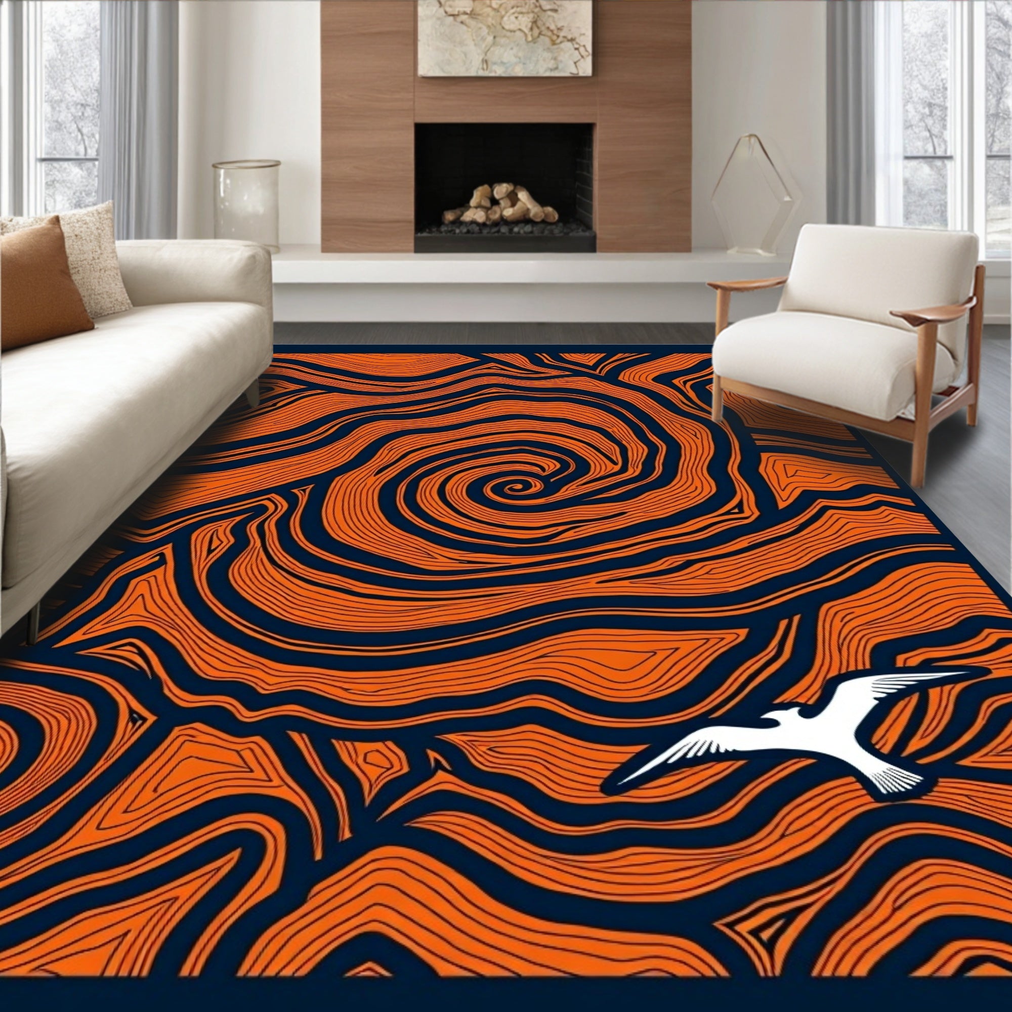Orange Swirls With White Bird Rug