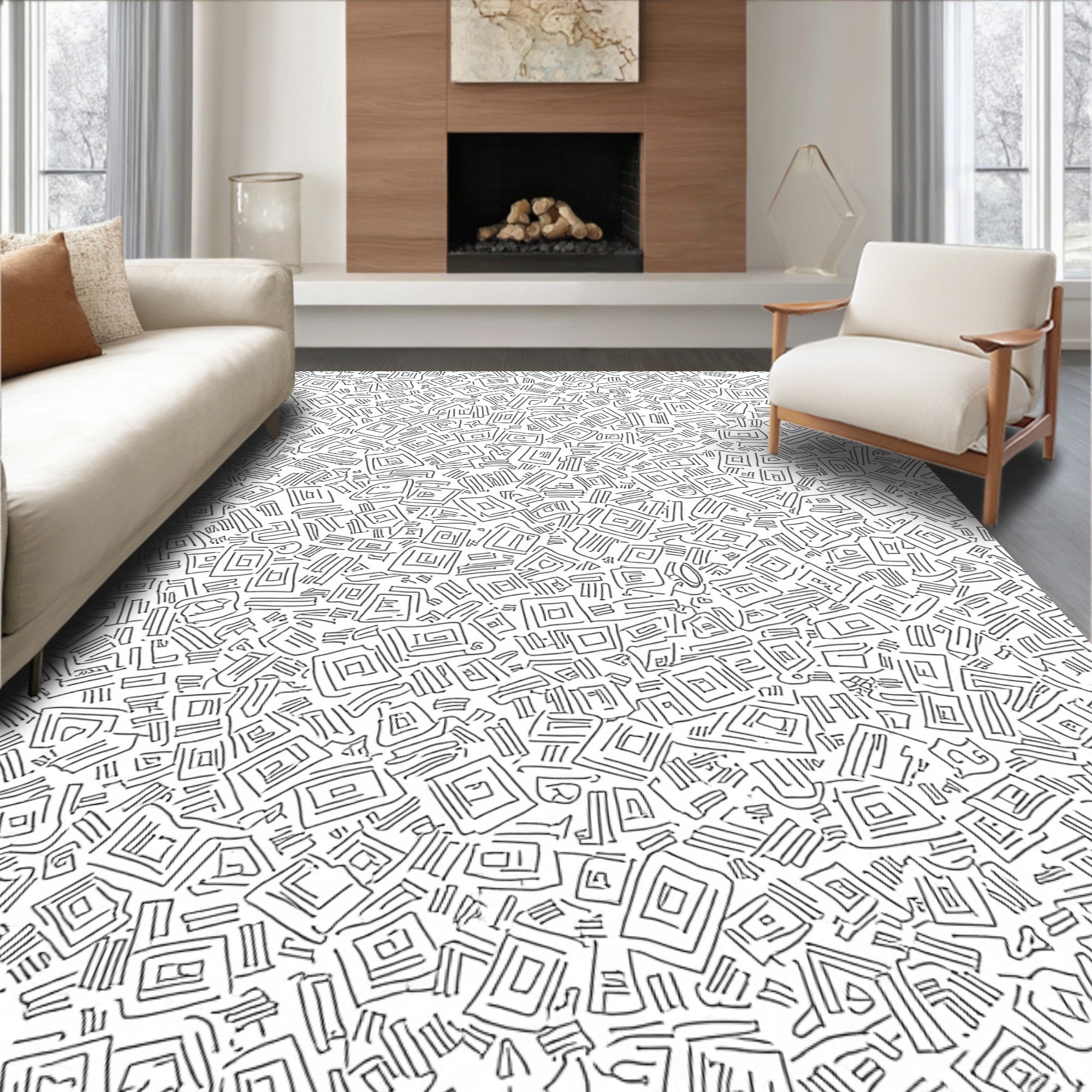 Abstract Hand Drawn Square Maze Rug