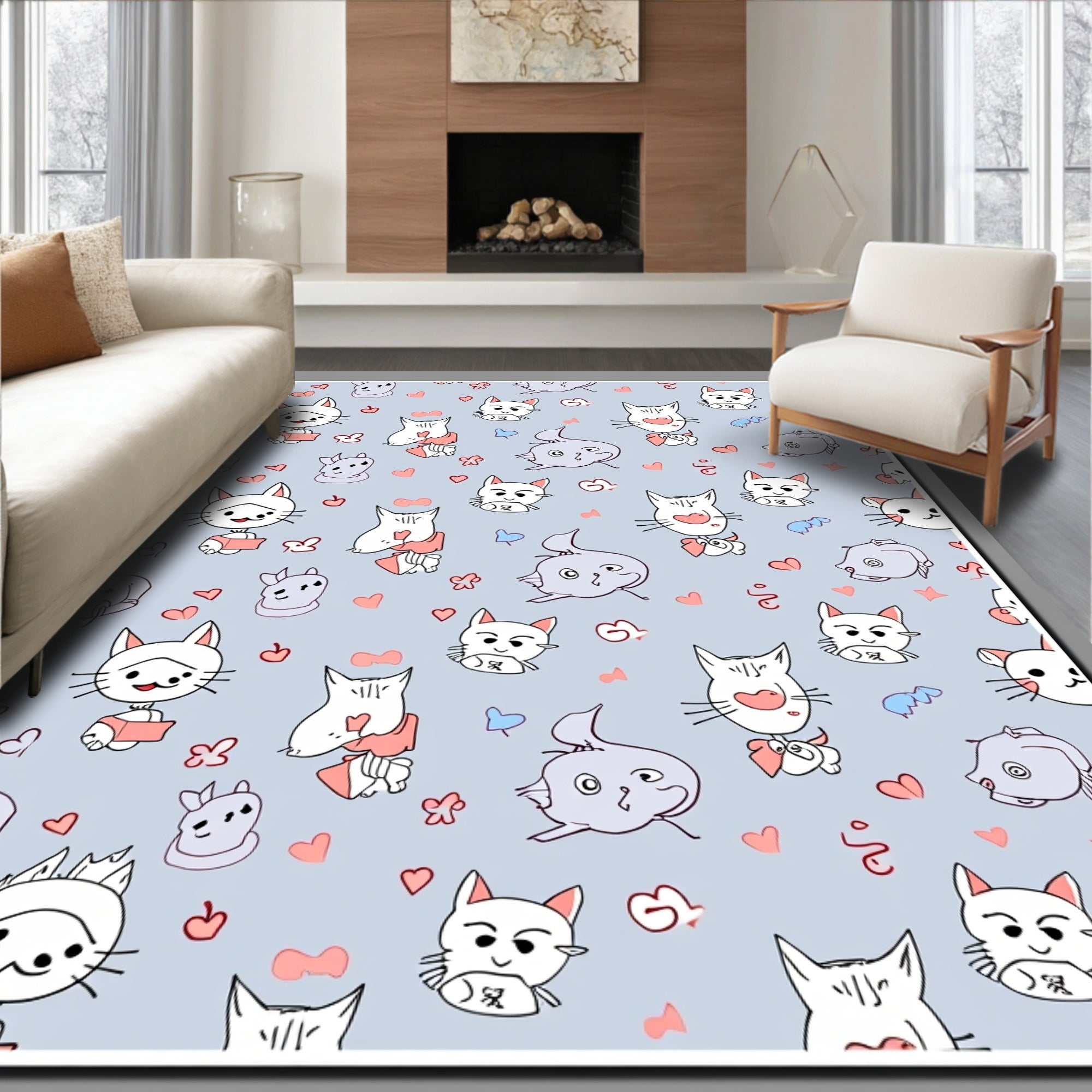 Whimsical Blue Cat Hearts Illustration Rug