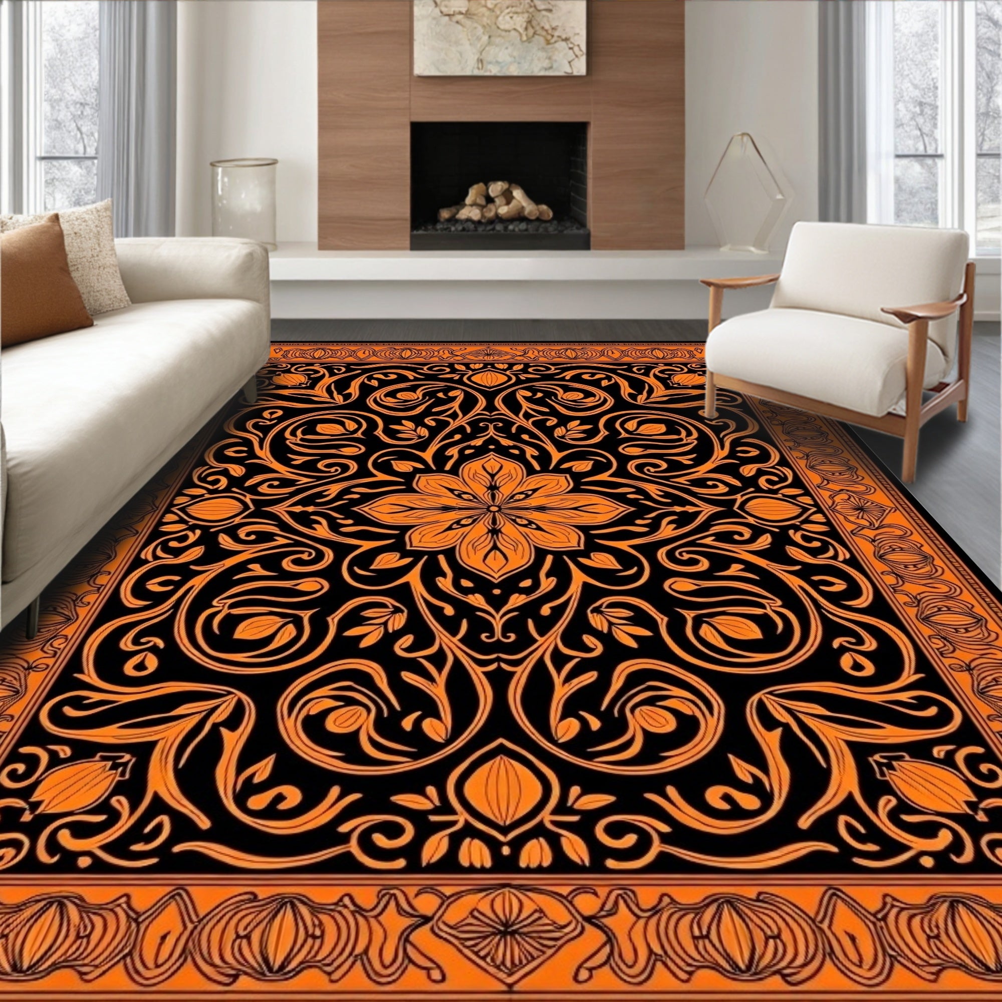 Black Orange Floral Medallion Border Rug