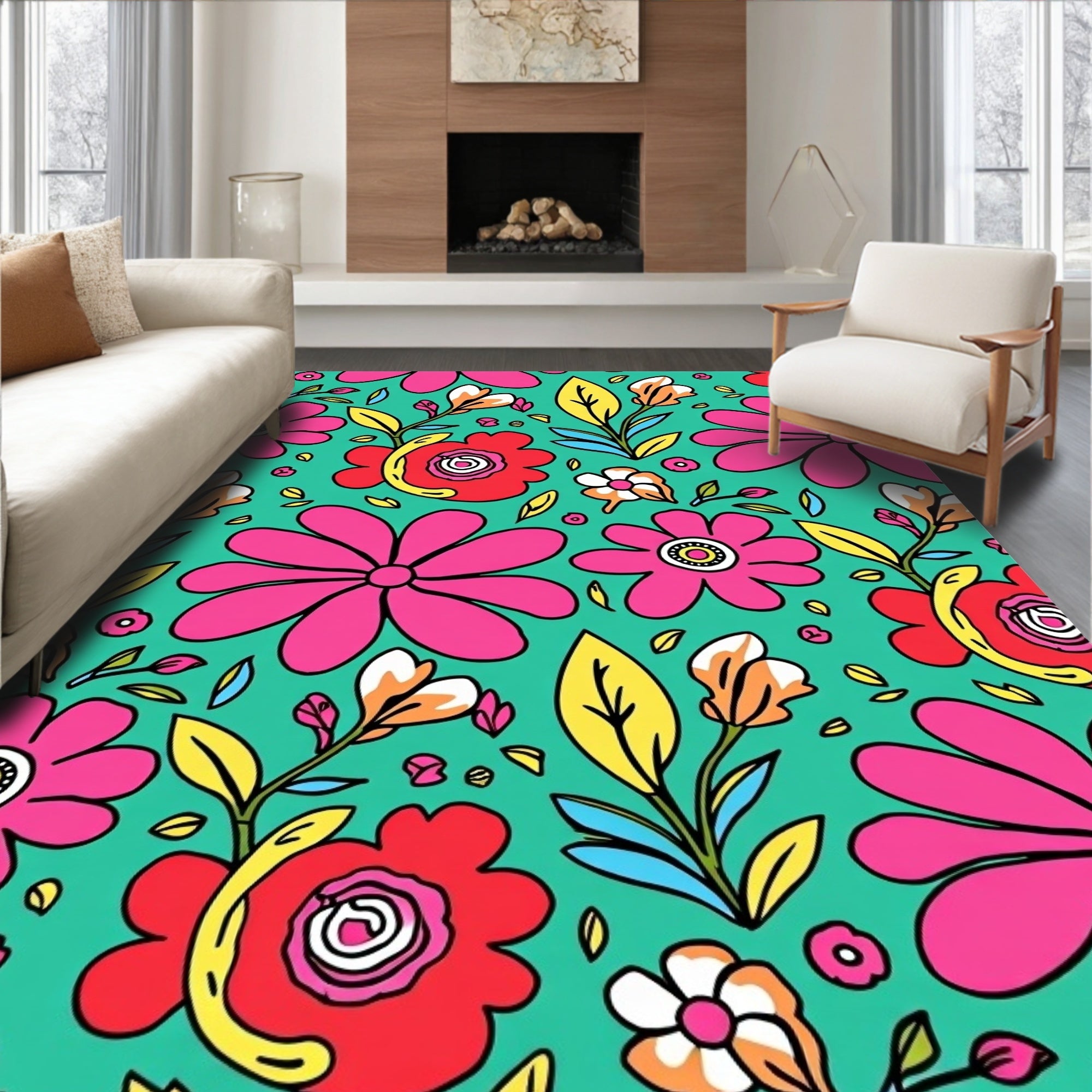 Retro Pink Floral Garden Charm Rug