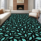 Teal Leaves on Black Background Rug