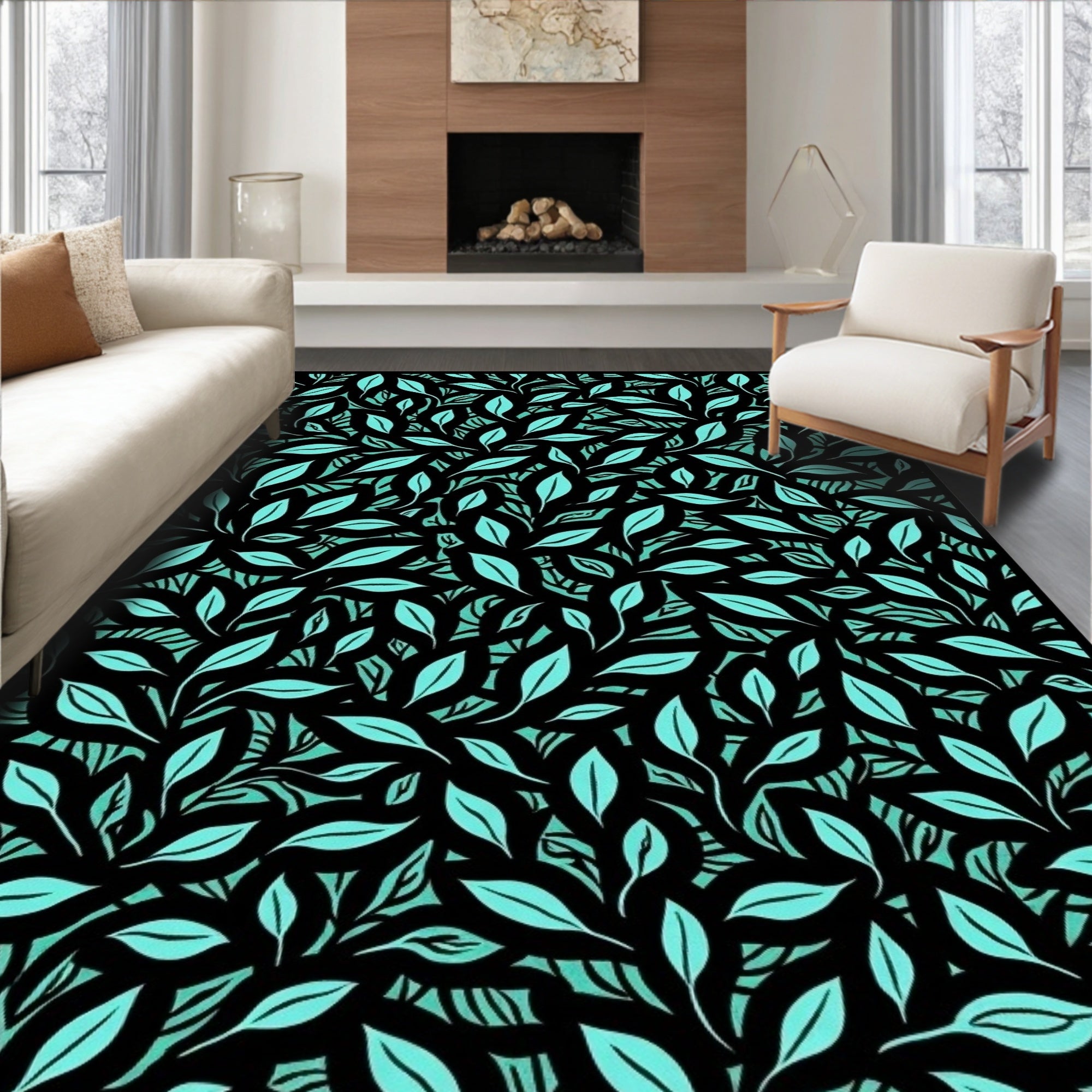 Teal Leaves on Black Background Rug