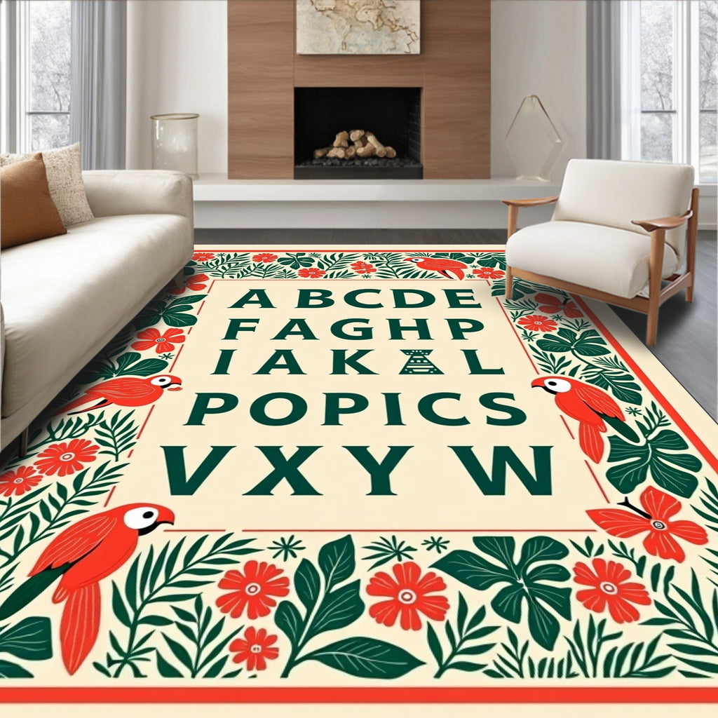 Alphabet Tropical Parrot Floral Forest Rug