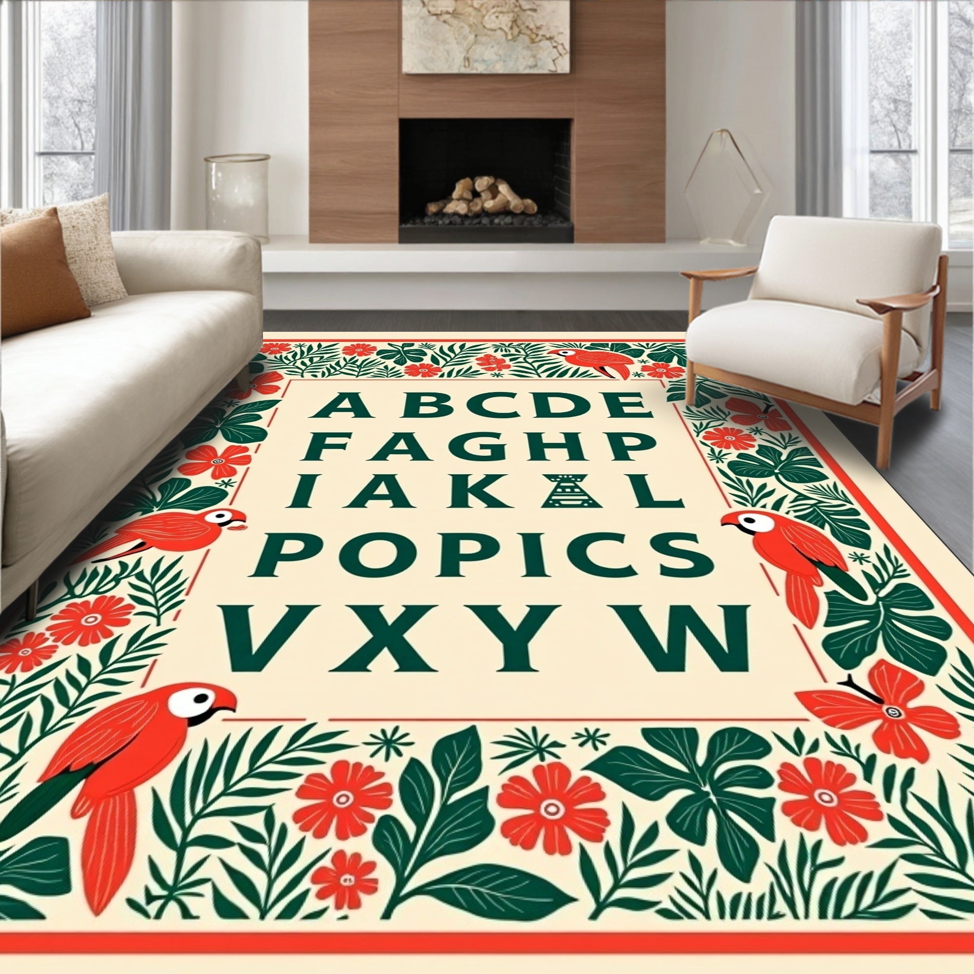 Alphabet Tropical Parrot Floral Forest Rug