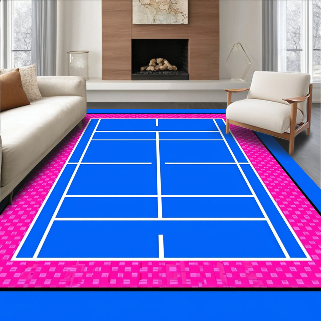 Blue Tennis Court Pink Border Rug