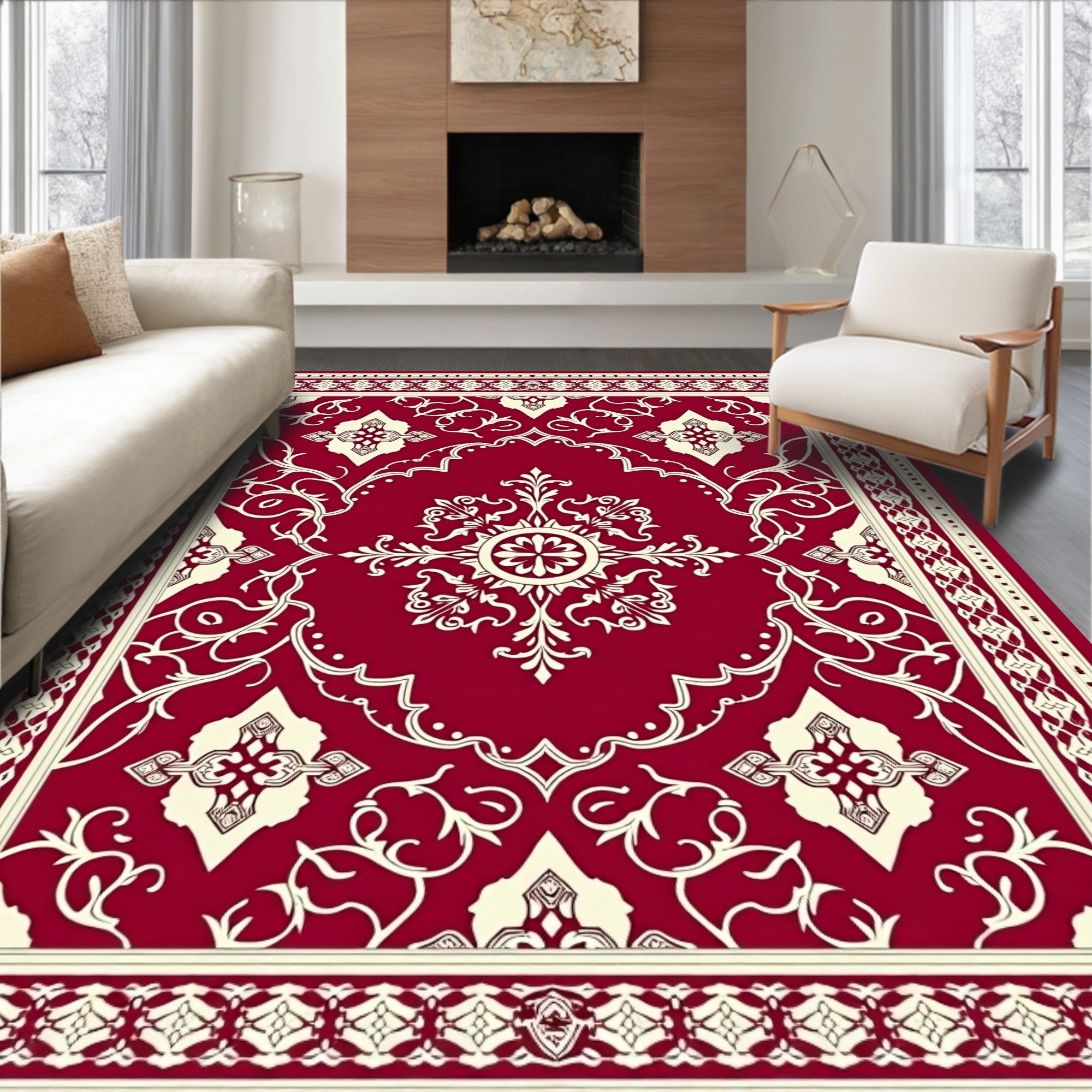 Crimson Cream Vintage Scroll Medallion Rug