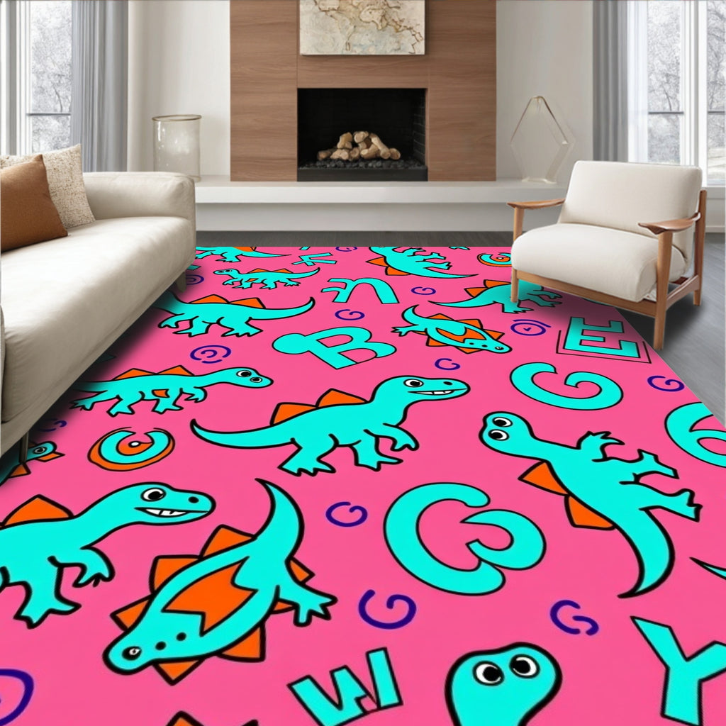 Turquoise Dinosaur Alphabet Hot Pink Rug