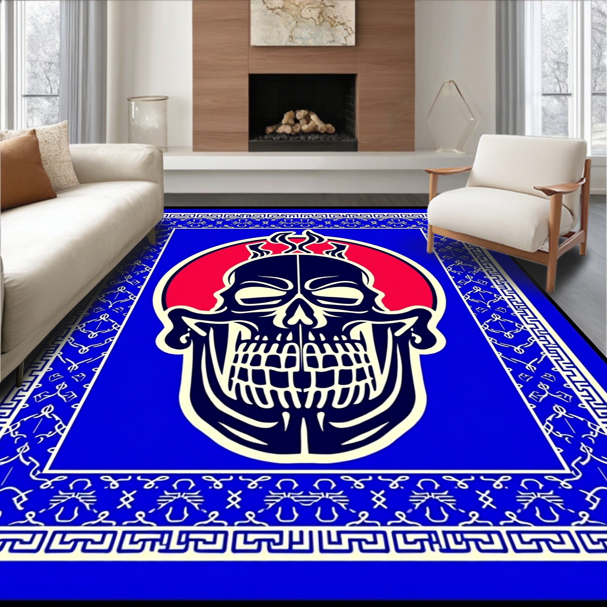 Bold Crimson Skull Blue Border Rug