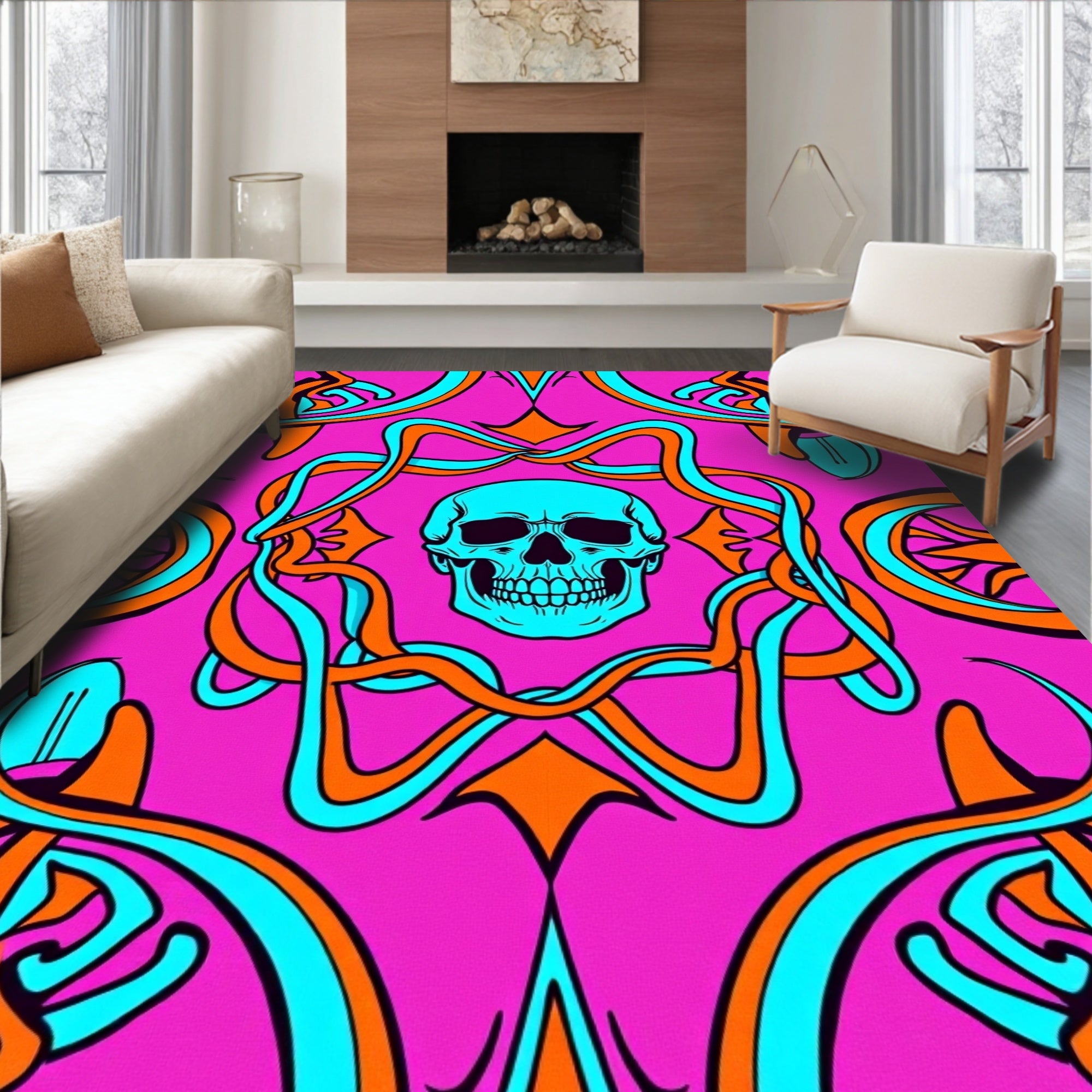 Cyan Skull With Orange Swirls Rug