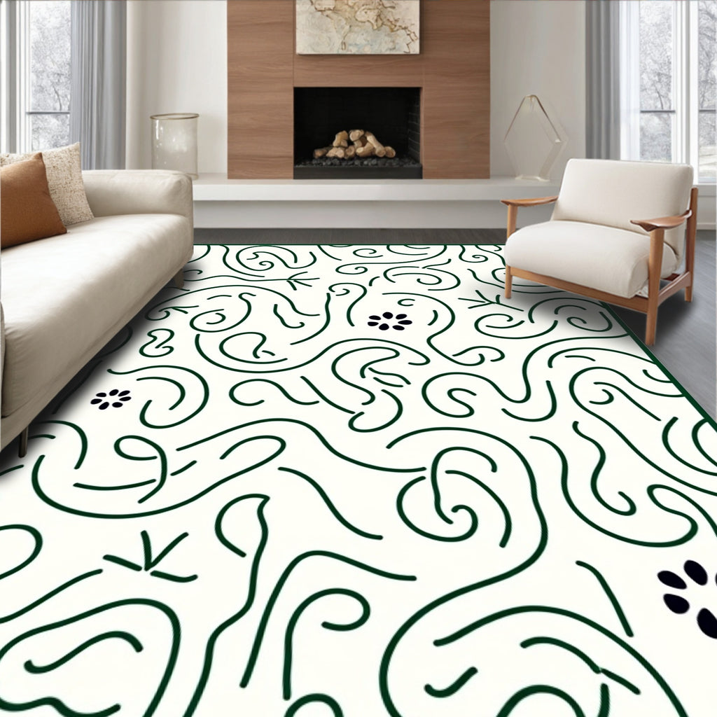 Dark Green Whimsical Floral Swirl Rug