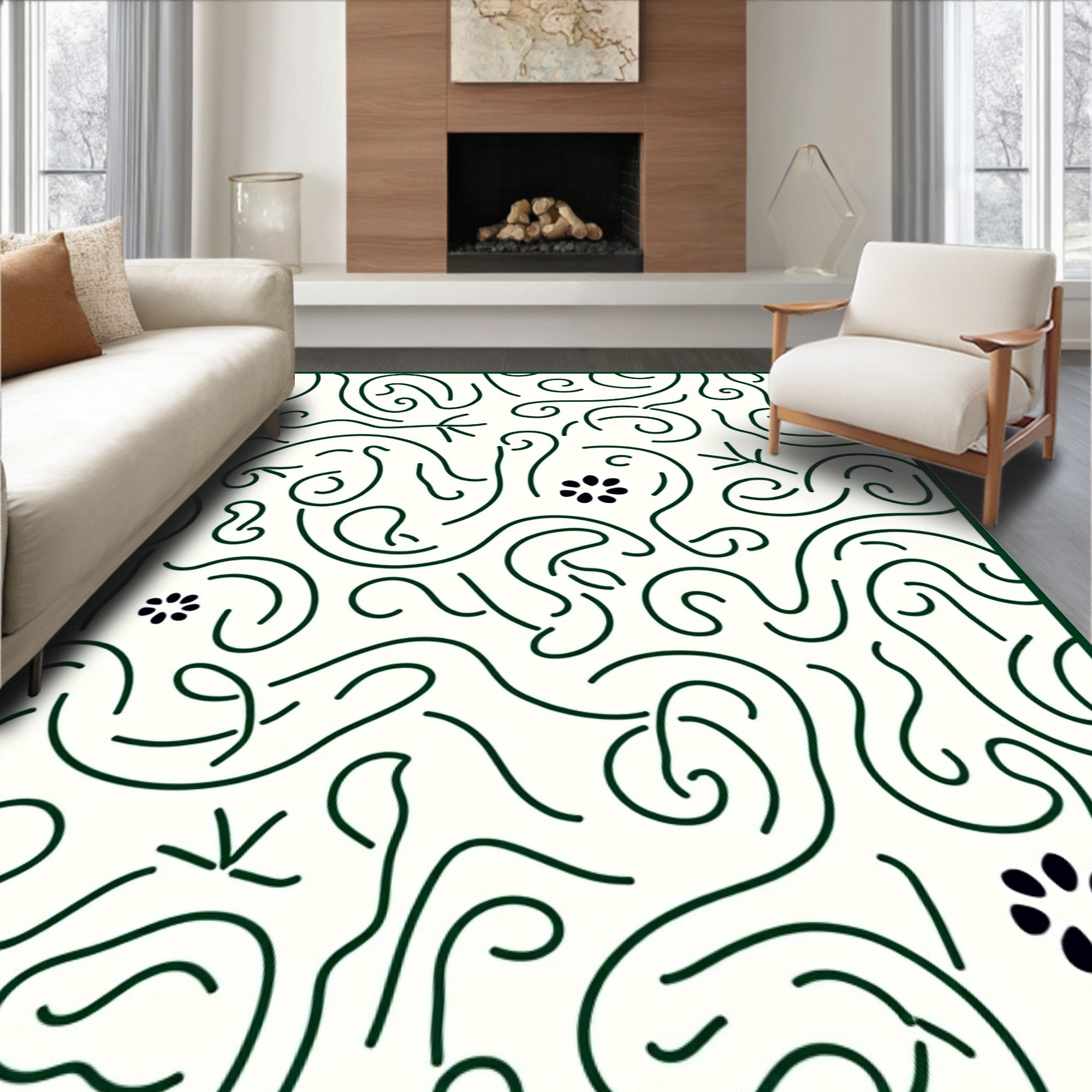 Dark Green Whimsical Floral Swirl Rug