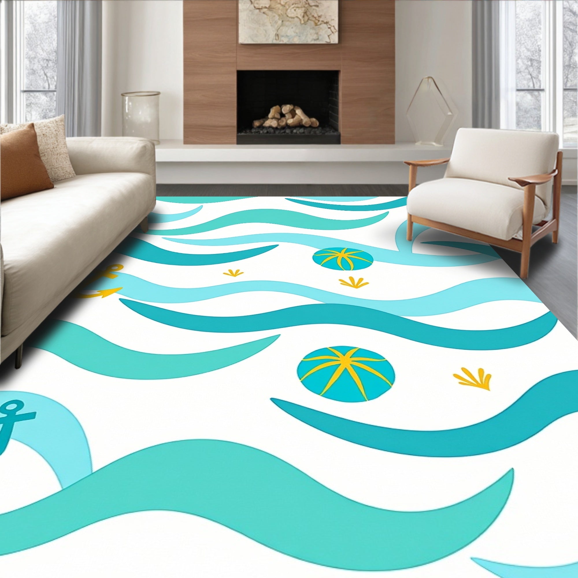 Ocean Waves with Golden Anchors Rug