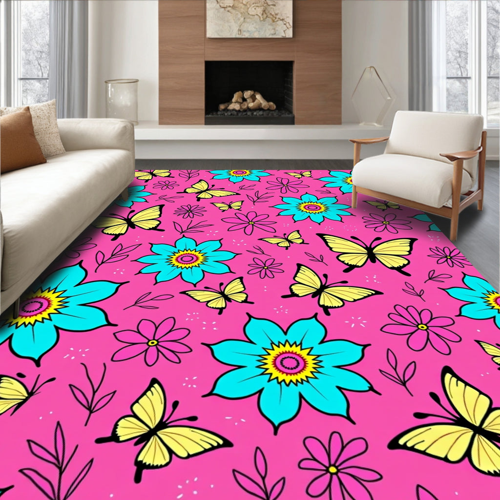Bright Pink Yellow Butterfly Floral Rug