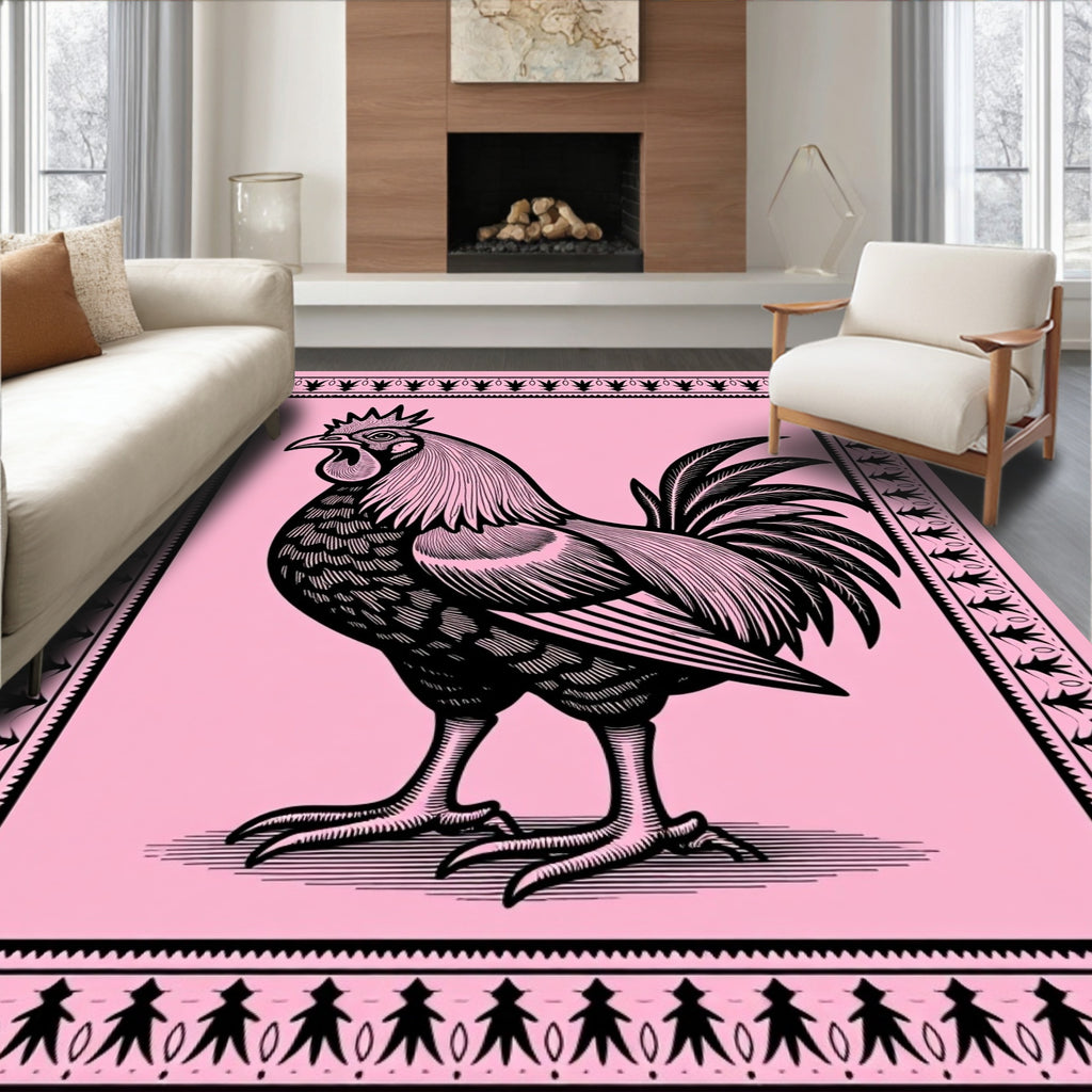 Pink Roaming Rooster Decorative Framed Rug