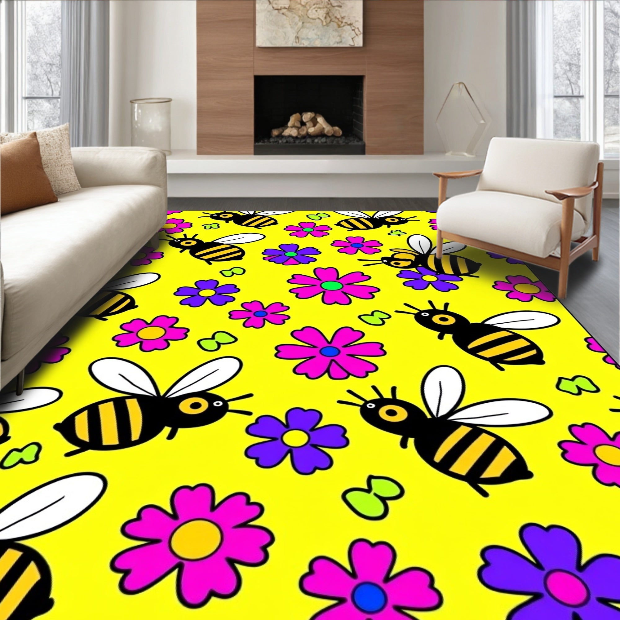 Whimsical Bumblebee Floral Yellow Meadow Rug