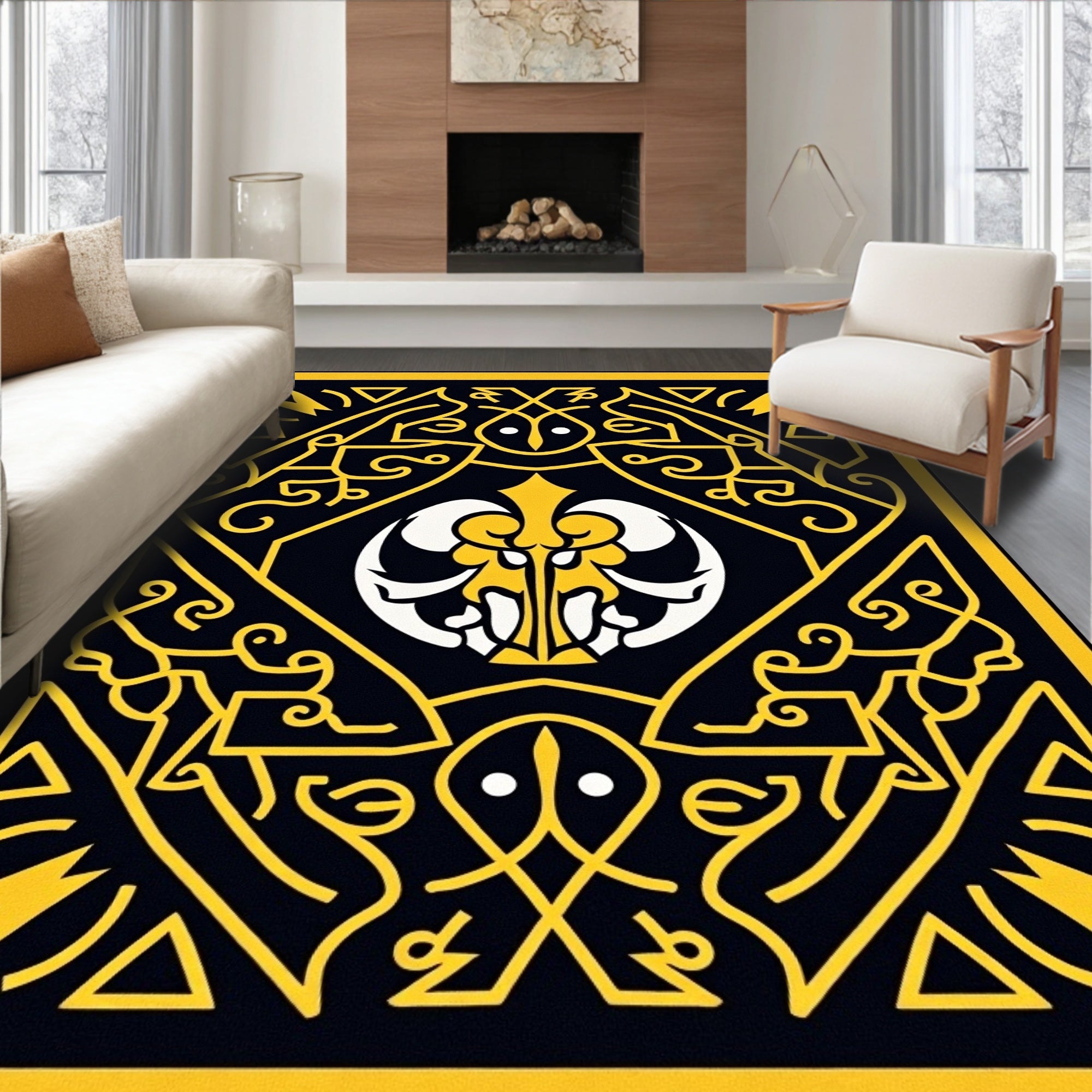 Ornate Yellow Black Symmetrical Ornament Rug