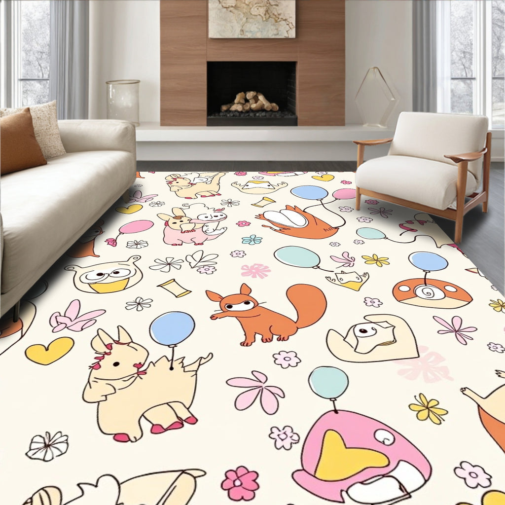 Whimsical Playful Creatures Pastel Balloons Rug